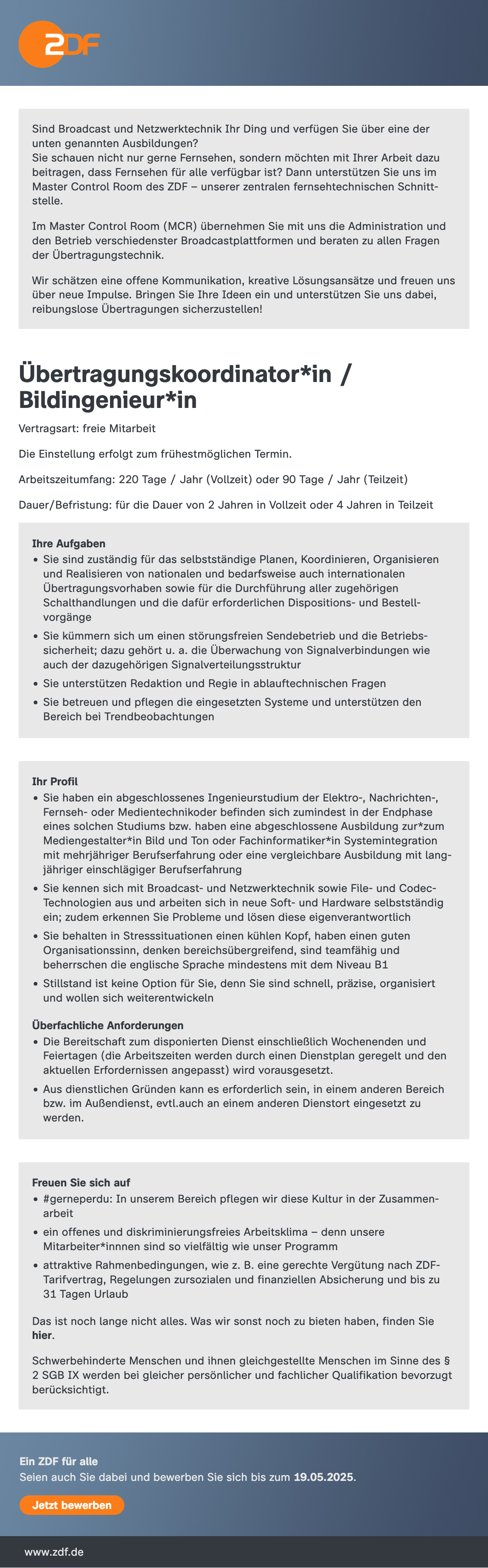 Übertragungs-koordinator*in / Bildingenieur*in