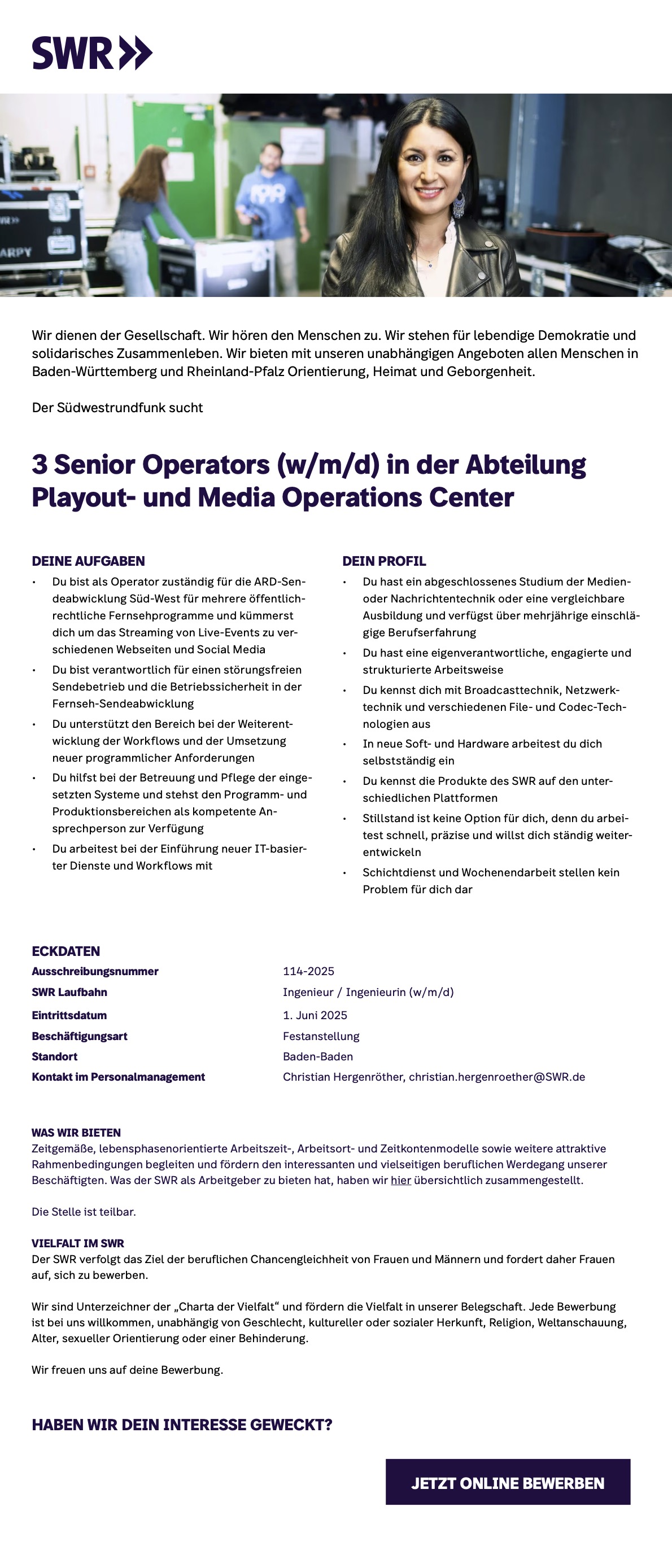 3 Senior Operators (w/m/d) Playout- und Media Operations Center