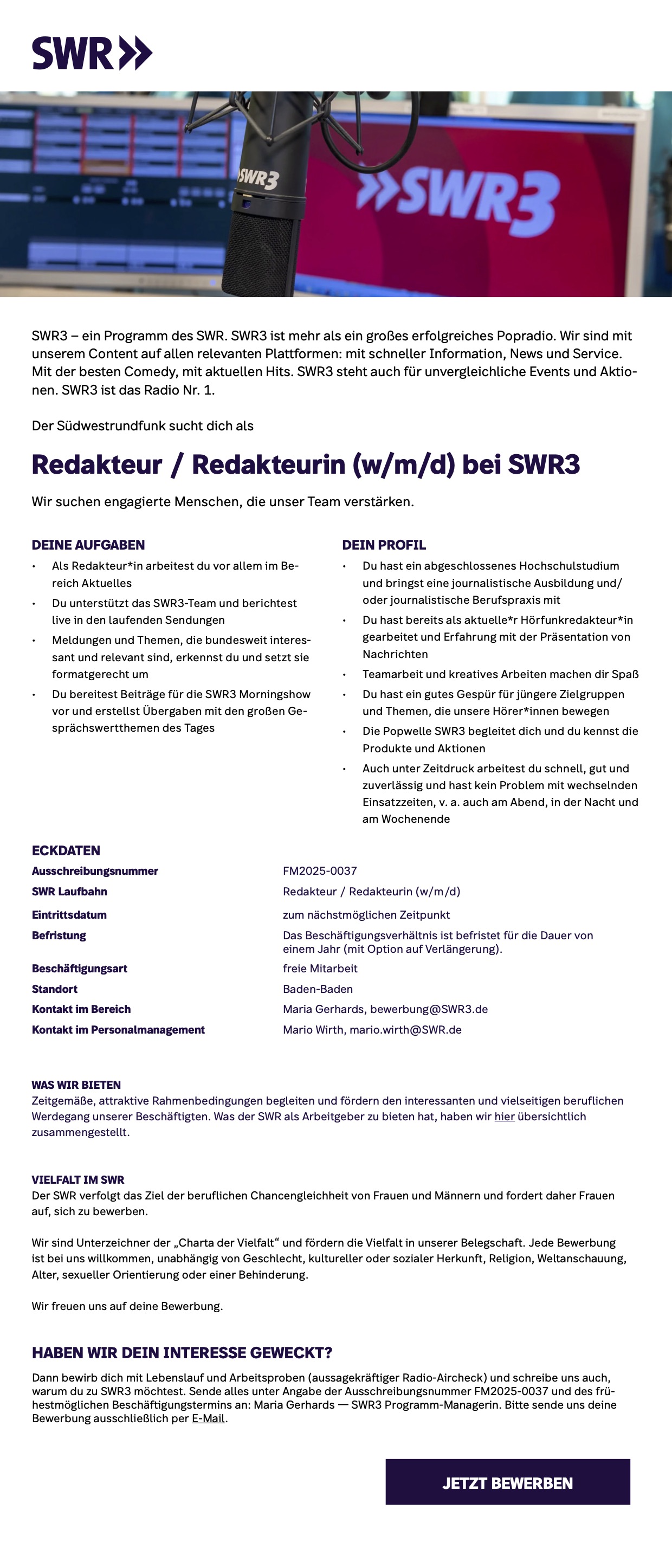 Redakteur / Redakteurin (w/m/d) bei SWR3