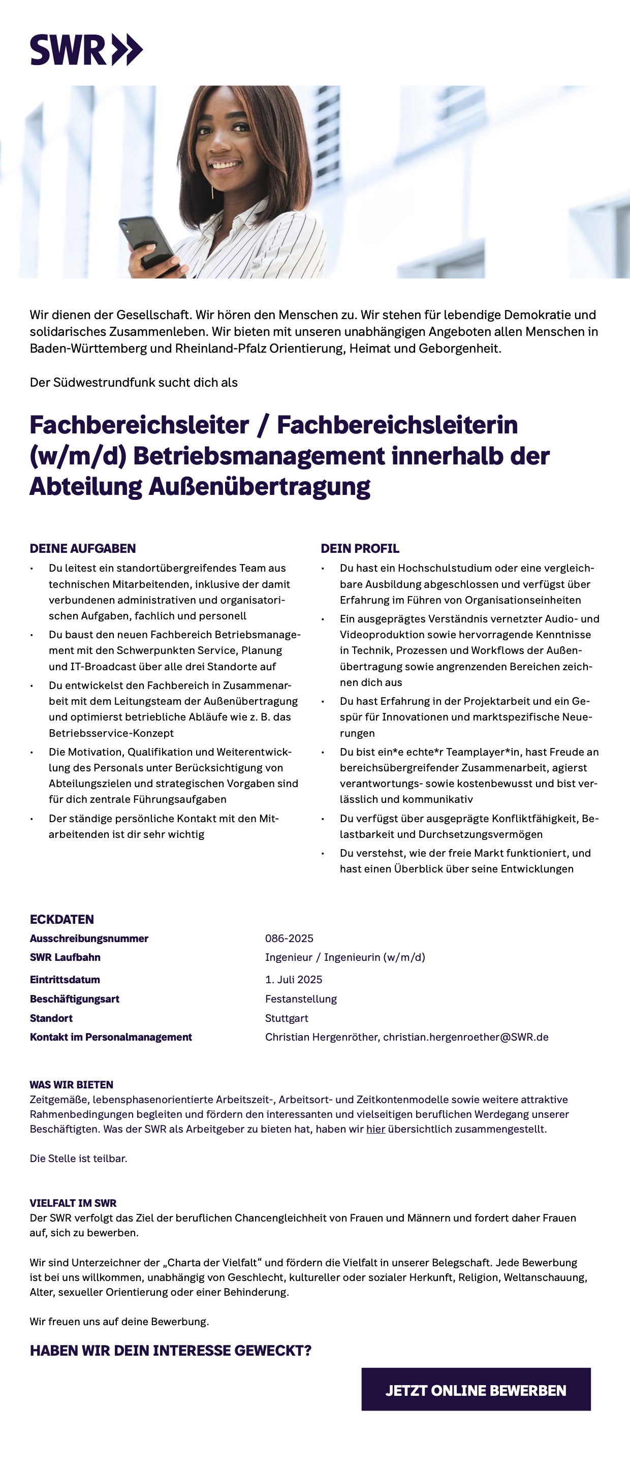 Fachbereichsleiter / Fachbereichsleiterin (w/m/d) Betriebsmanagement, Abt. Außenübertragung