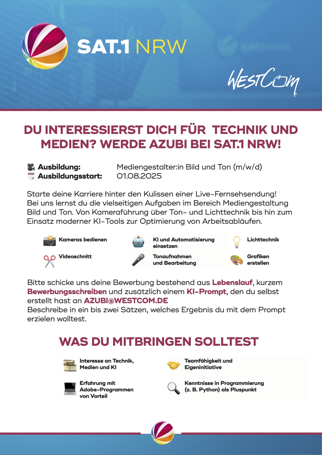 Ausbildung zum/zur Mediengestalter:in Bild und Ton (m/w/d)