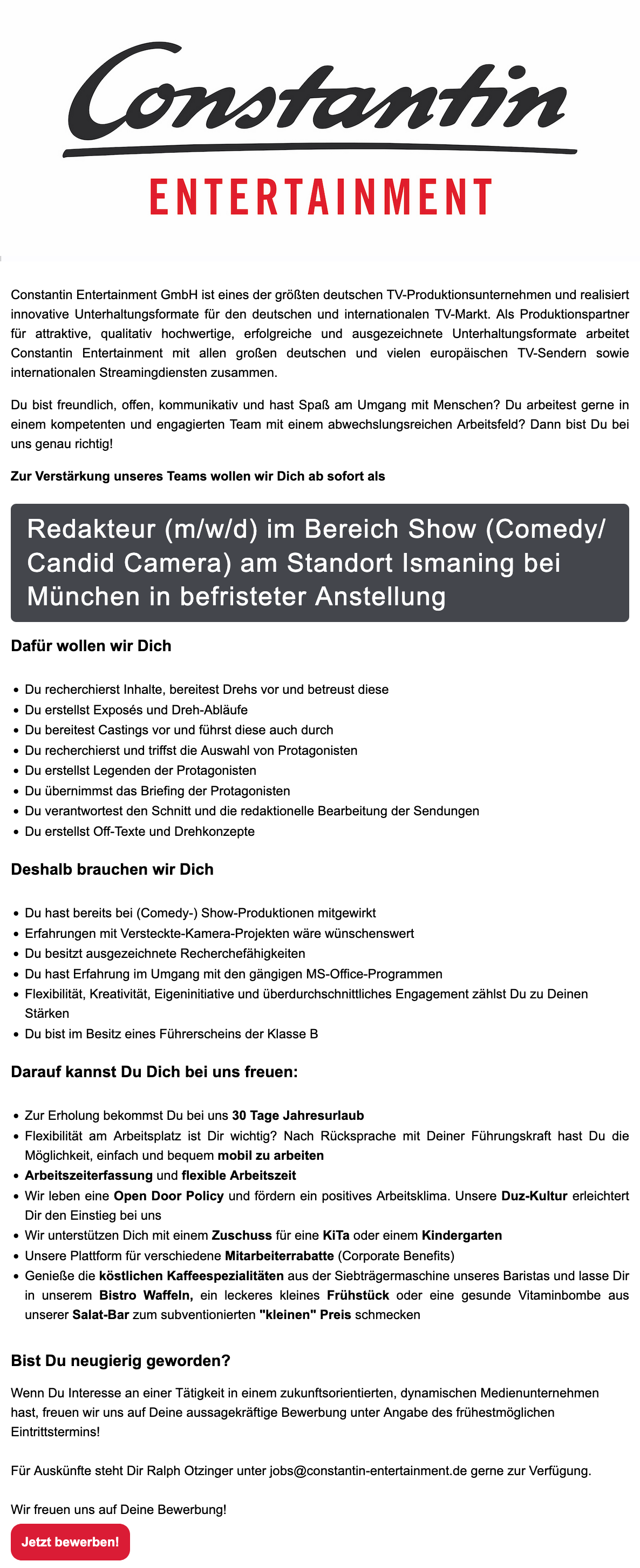 Redakteur (m/w/d) im Bereich Show (Comedy / Candid Camera)