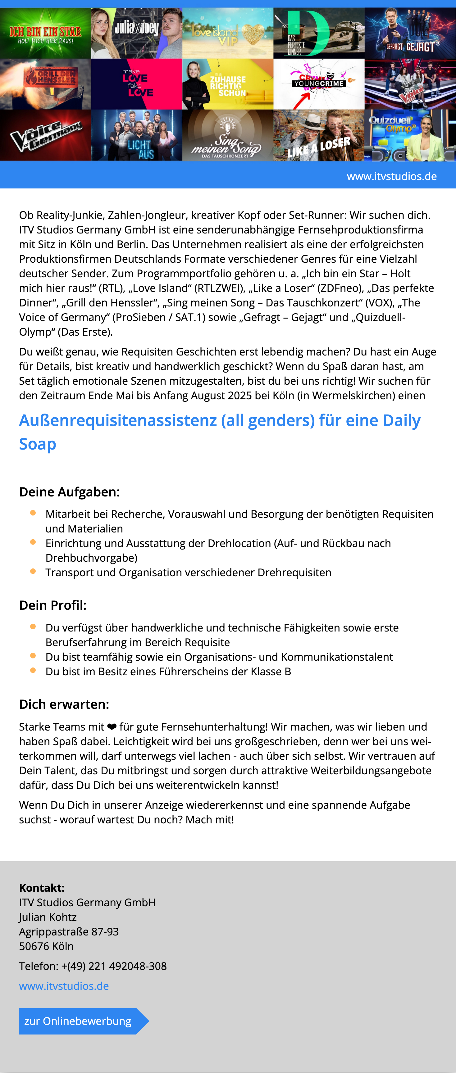 Außenrequisitenassistenz (all genders) für eine Daily Soap