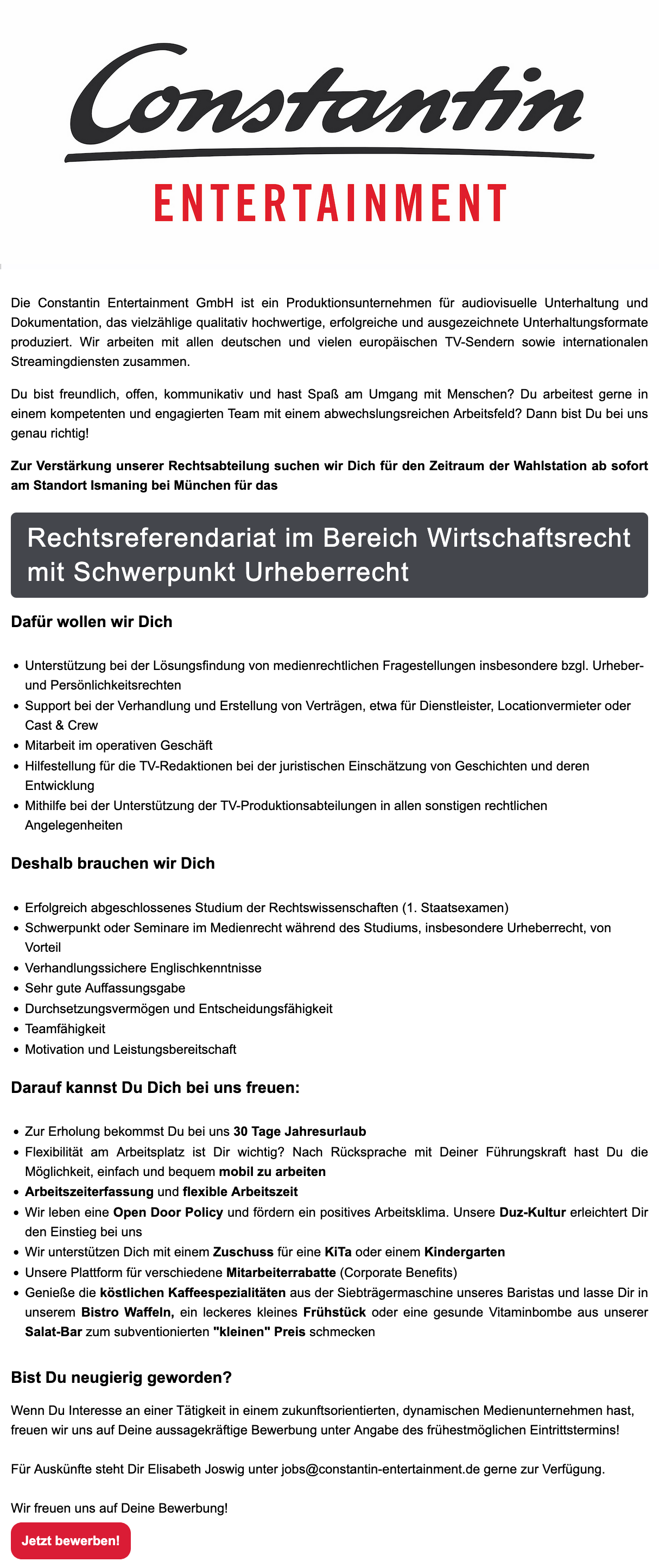 Rechtsreferendariat im Bereich Wirtschaftsrecht mit Schwerpunkt Urheberrecht 