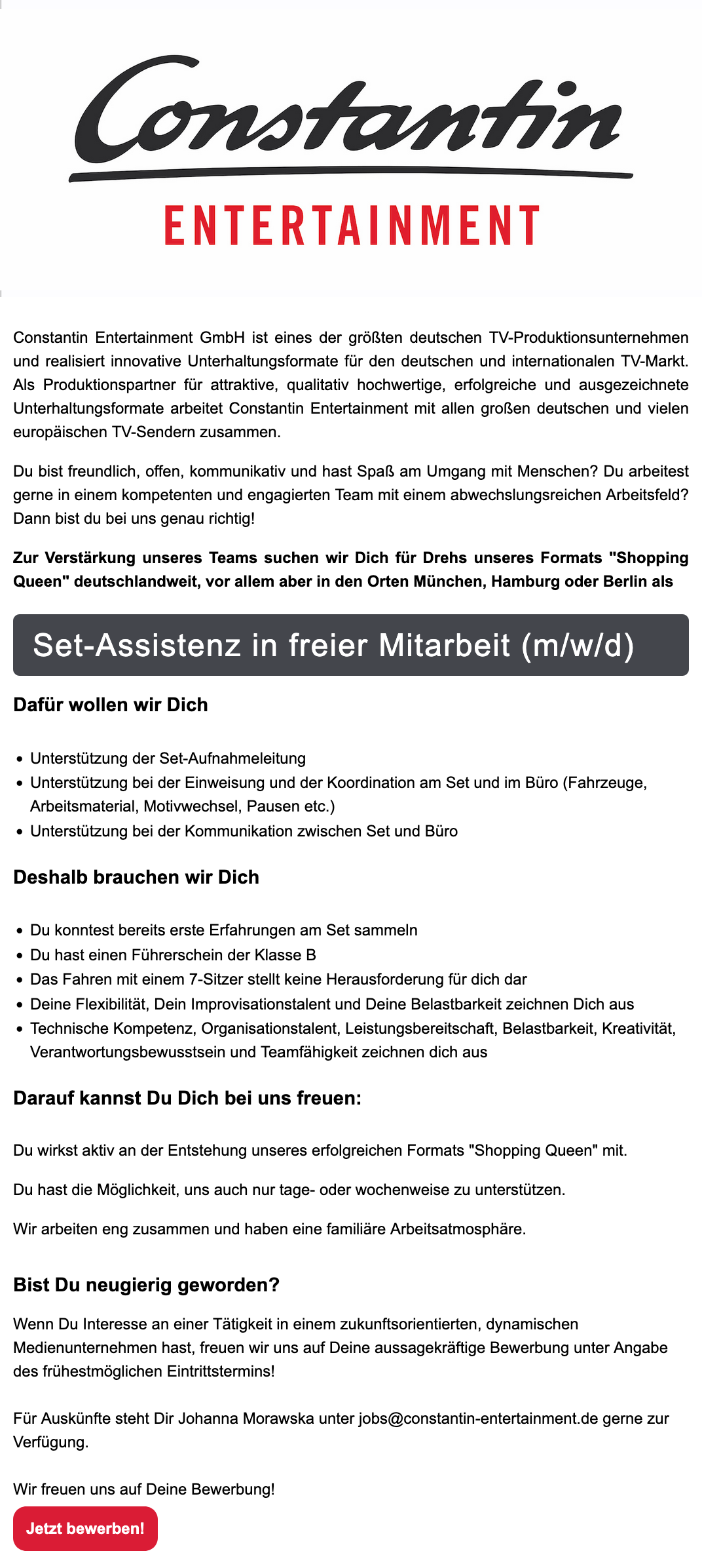Set-Assistenz in freier Mitarbeit (m/w/d) für 