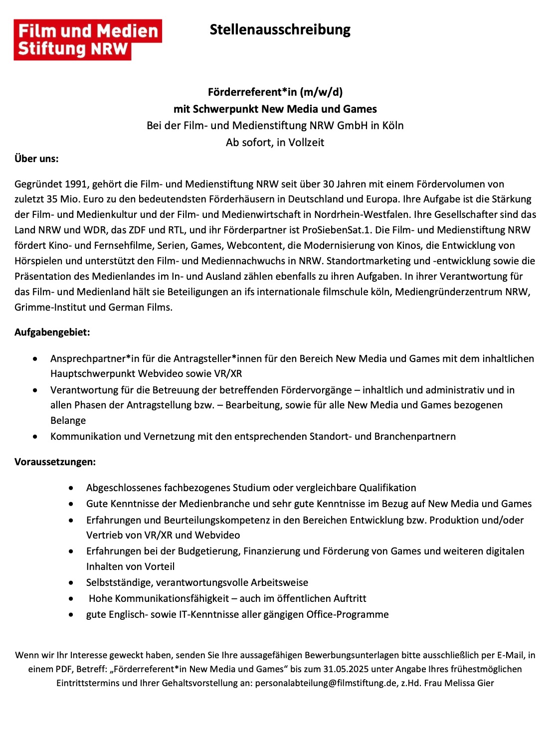 Förderreferent*in (m/w/d) mit Schwerpunkt New Media und Games
