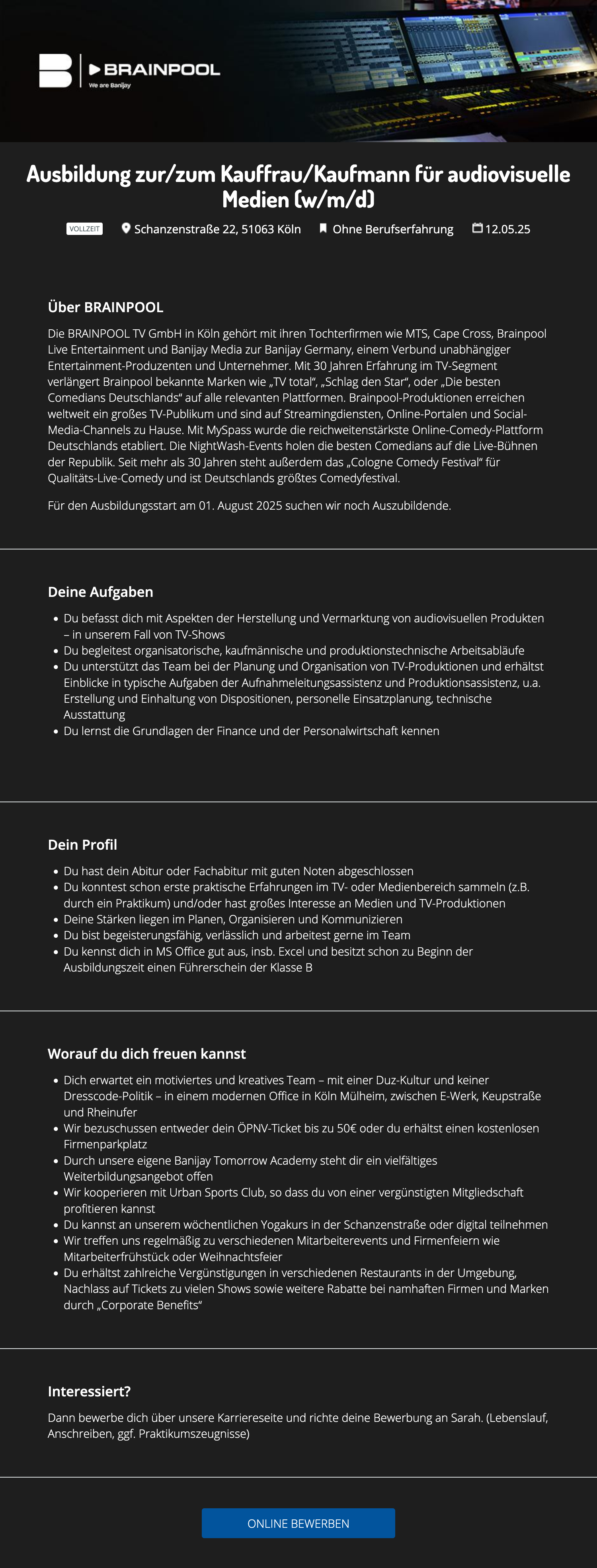 Ausbildung zur / zum Kauffrau / Kaufmann für audiovisuelle Medien (w/m/d)