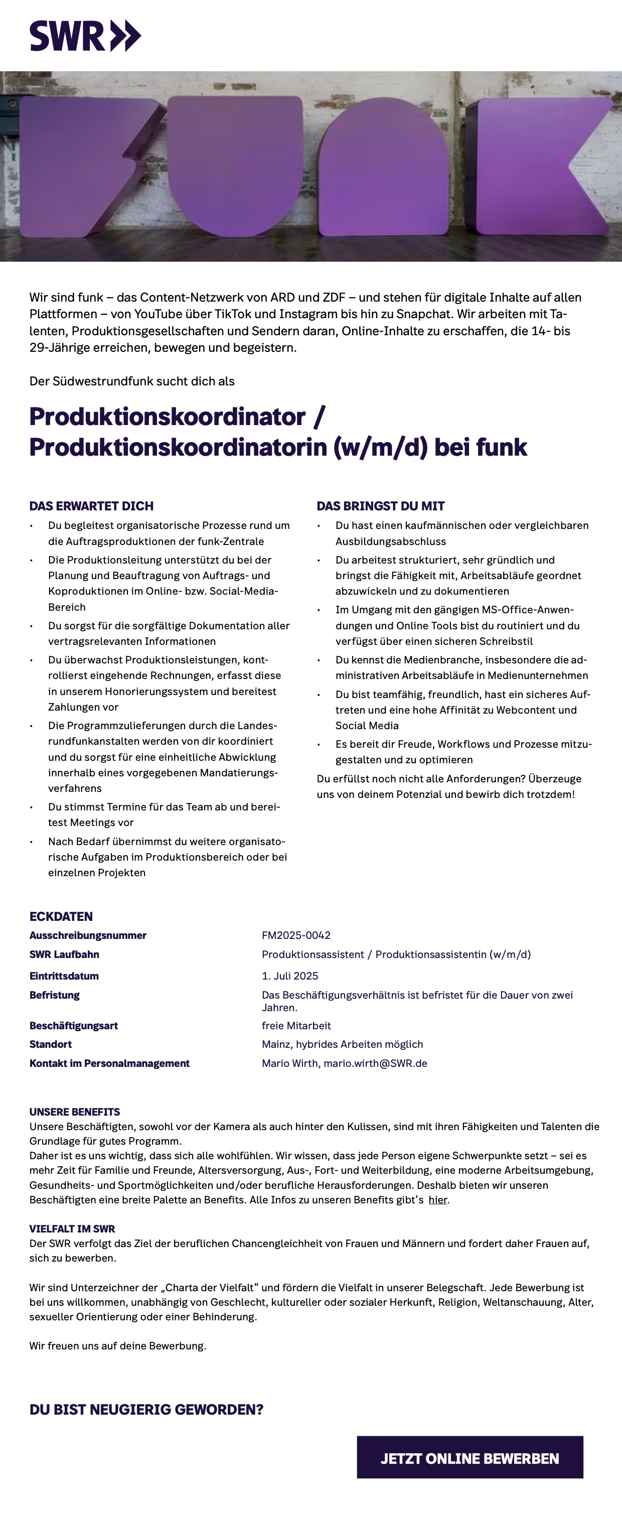 Produktionskoordinator / Produktionskoordinatorin (w/m/w) bei funk