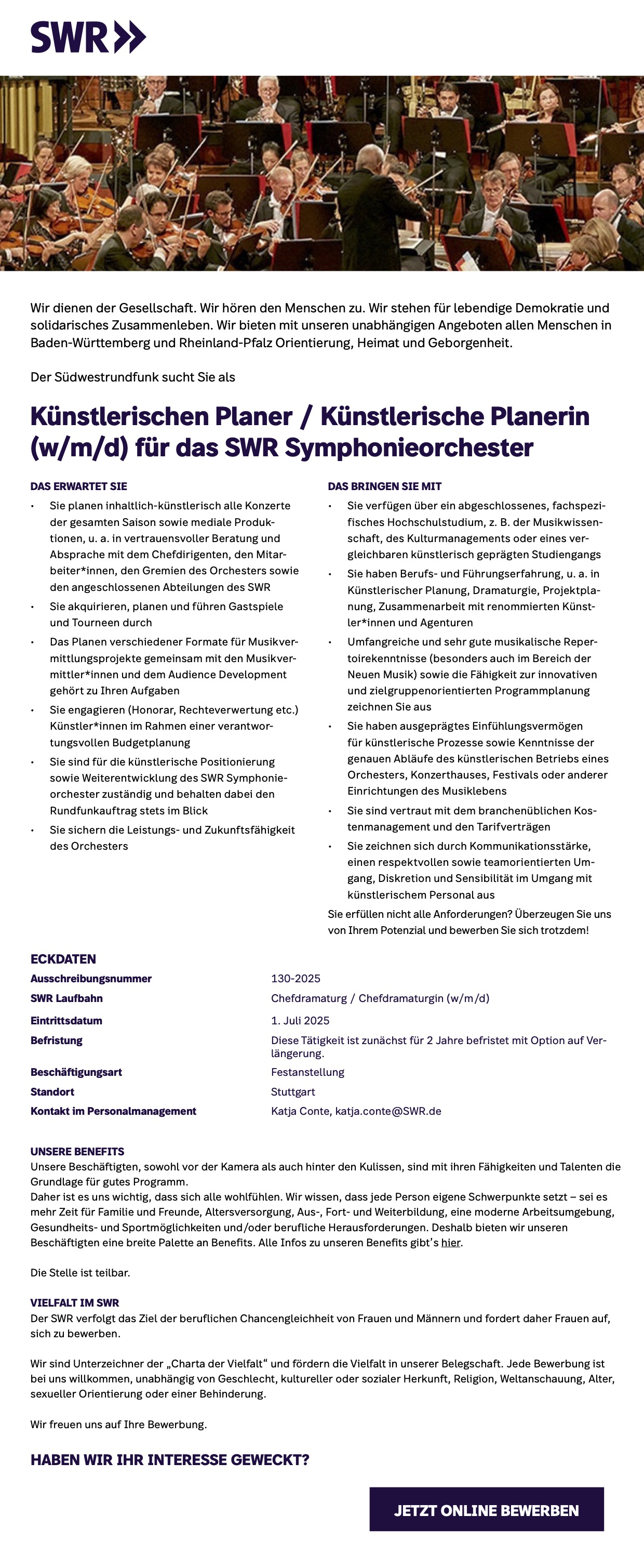 Künstlerischer Planer / Künstlerische Planerin (w/m/d) für das SWR Symphonieorchester