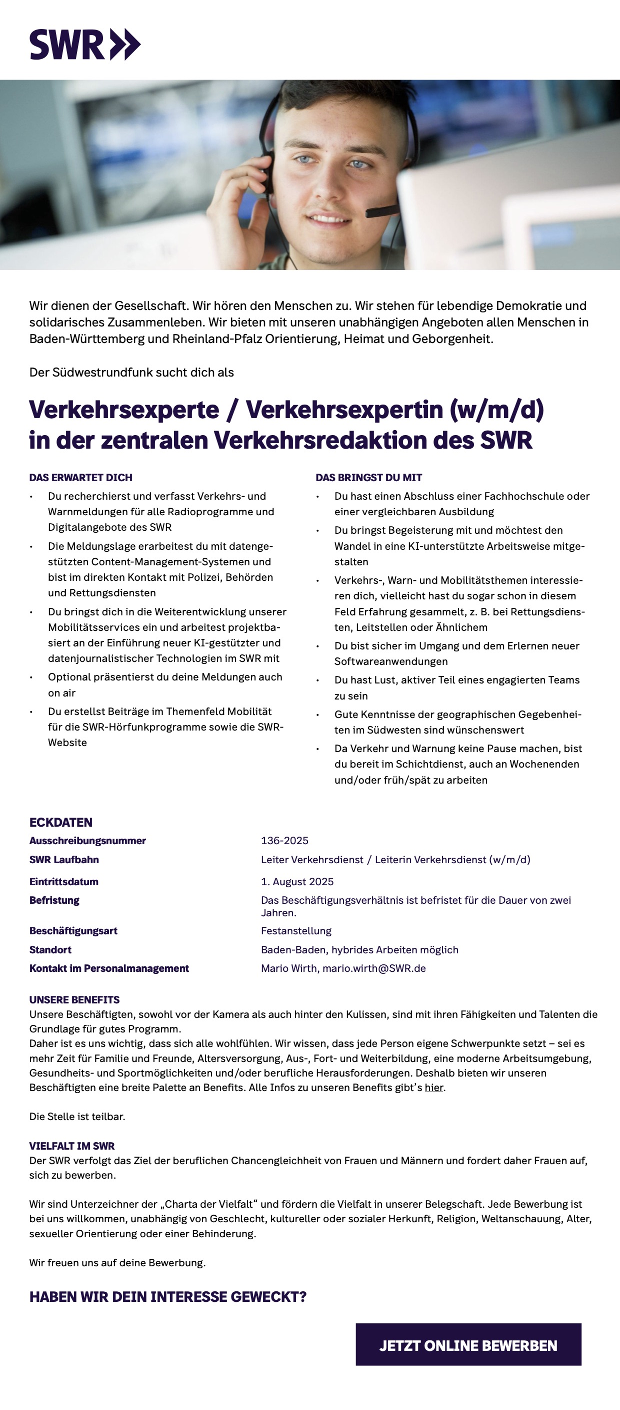 Verkehrsexperte / Verkehrsexpertin (w/m/d) in der zentralen Verkehrsredaktion des SWR