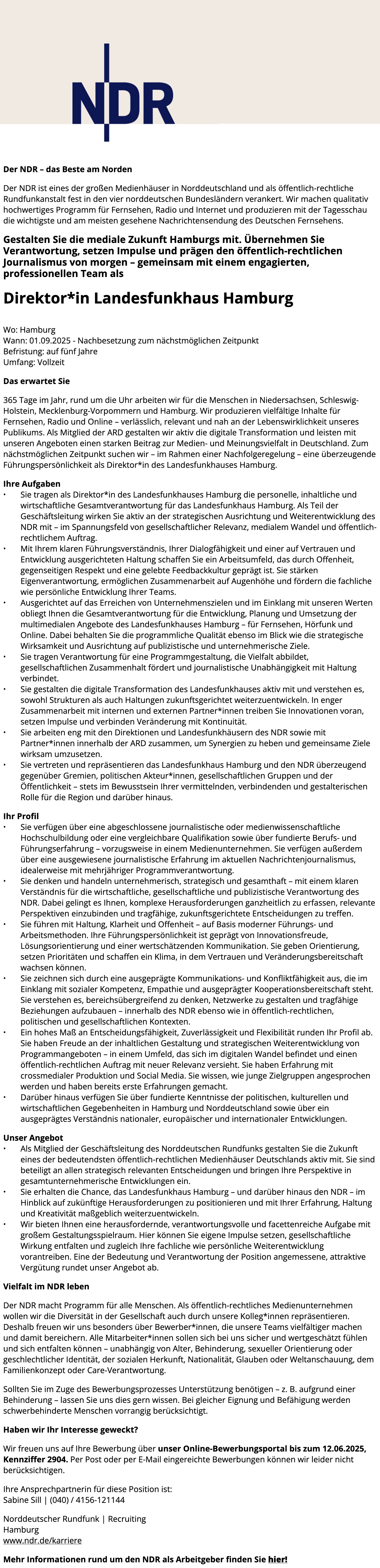Direktor*in Landesfunkhaus Hamburg