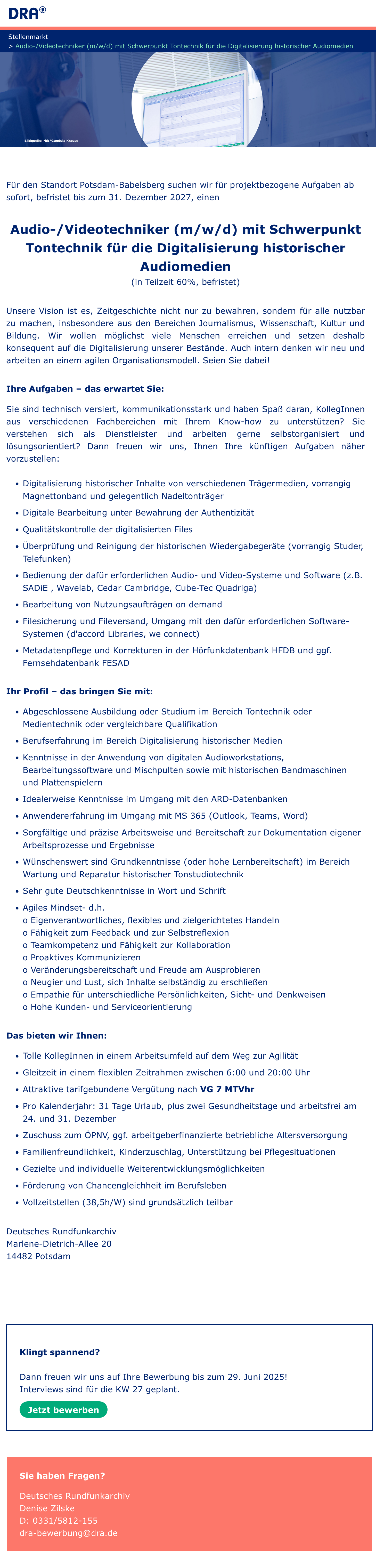 Audio-/Videotechniker (m/w/d), Schwerp. Tontechnik für Digitalisierung hist. Audiomedien