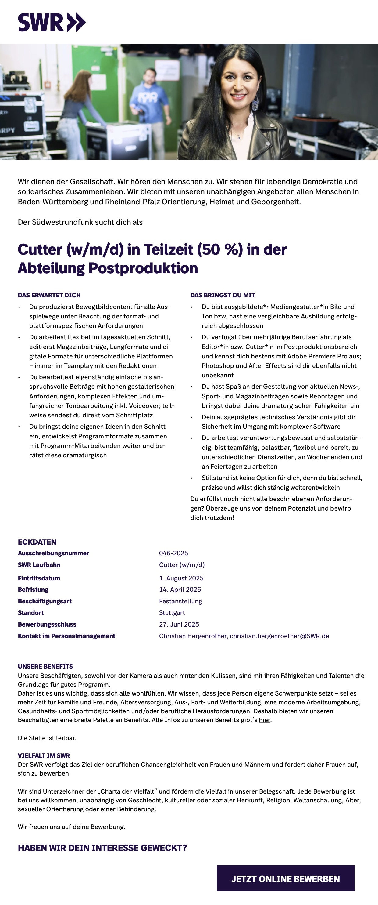 Cutter (w/m/d) in Teilzeit (50 %) in der Abteilung Postproduktion