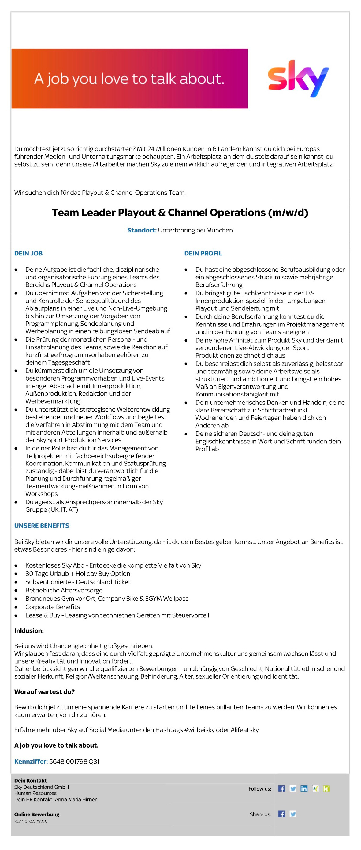 Team Leader Playout & Channel Operations (m/w/d)