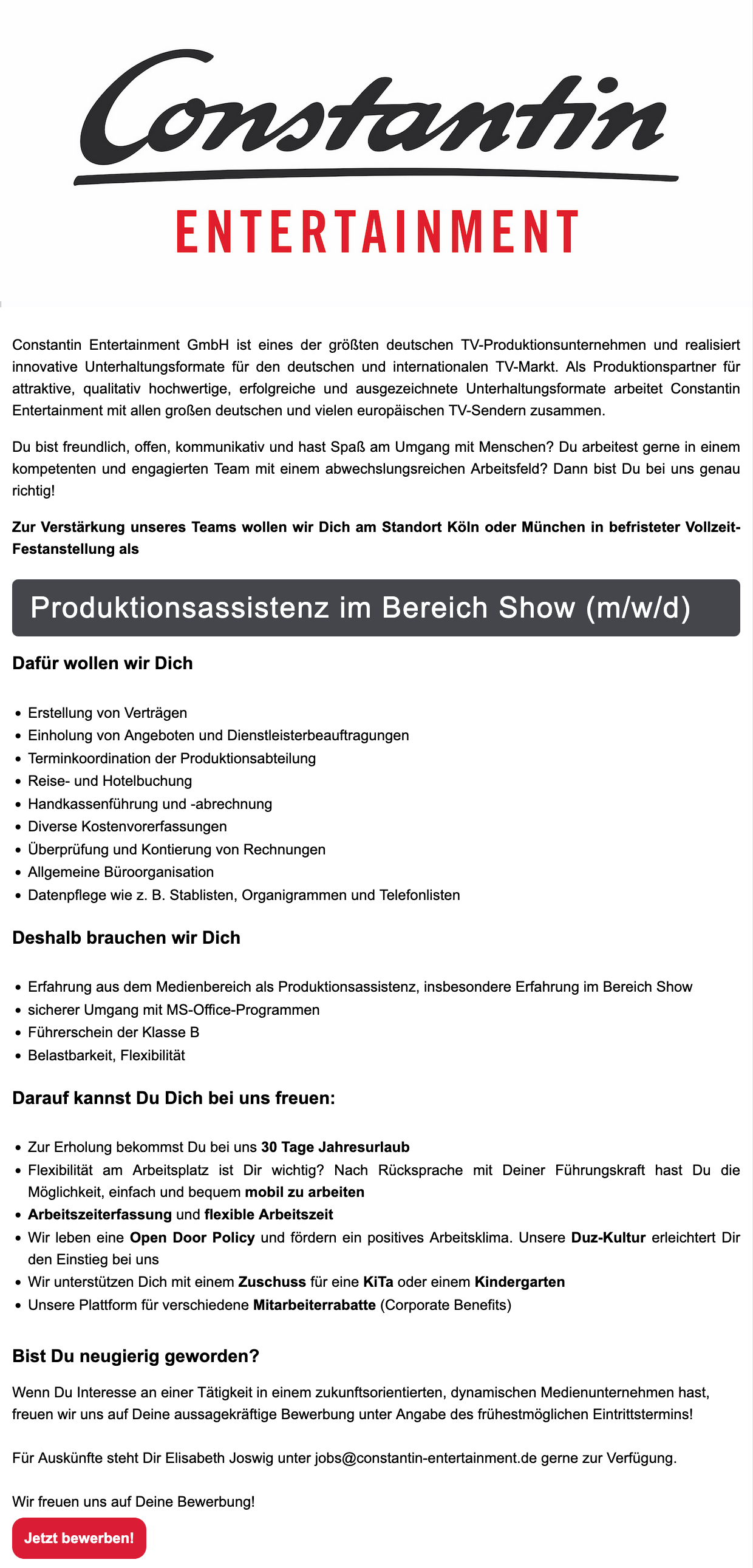 Produktionsassistenz im Bereich Show (m/w/d)