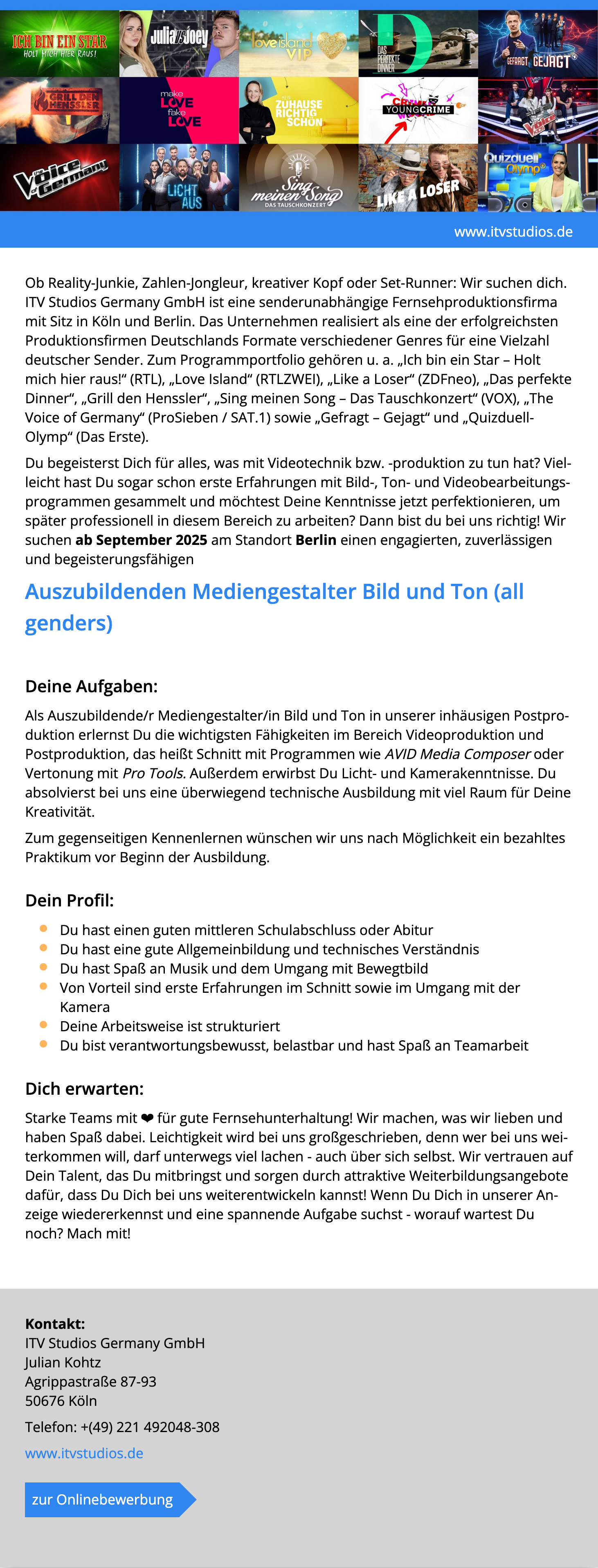 Auszubildenden Mediengestalter Bild und Ton (all genders) 