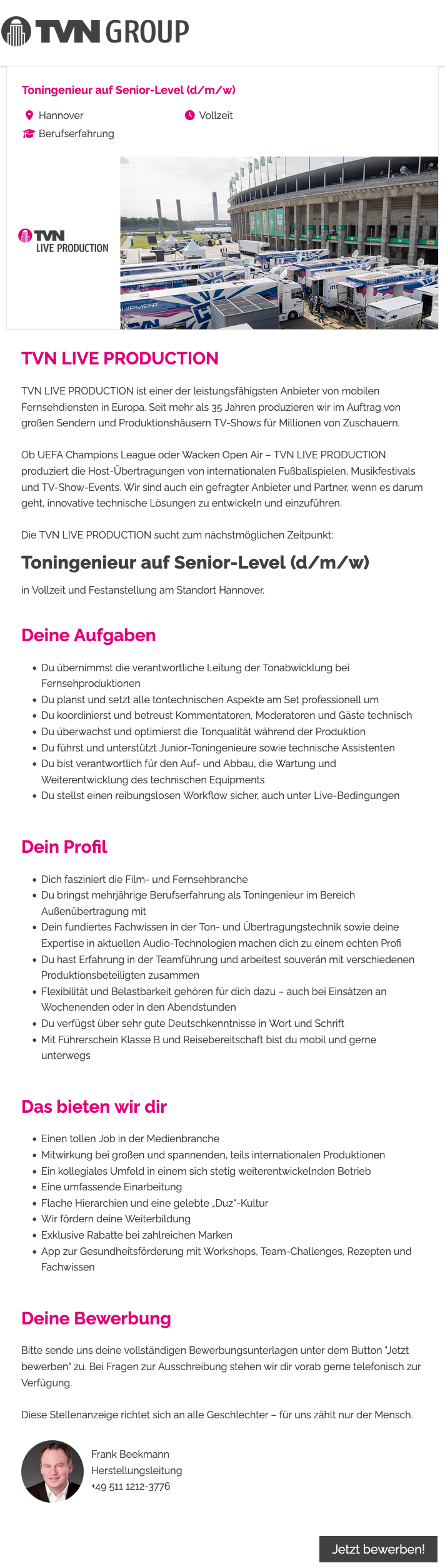 Toningenieur auf Senior-Level (d/m/w)