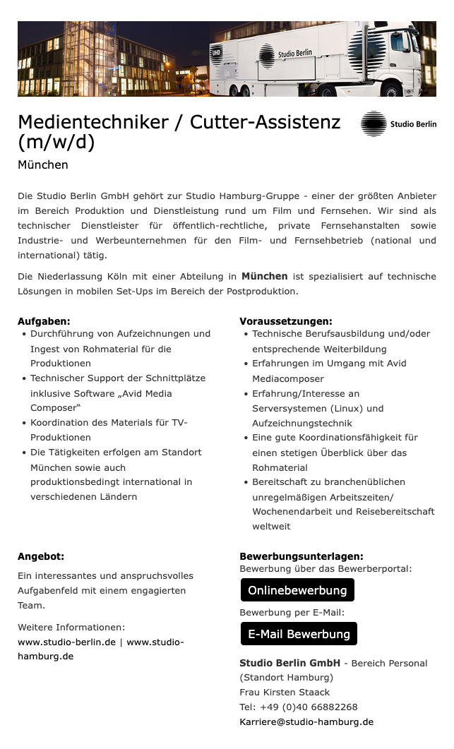 Medientechniker / Cutter-Assistenz (m/w/d)