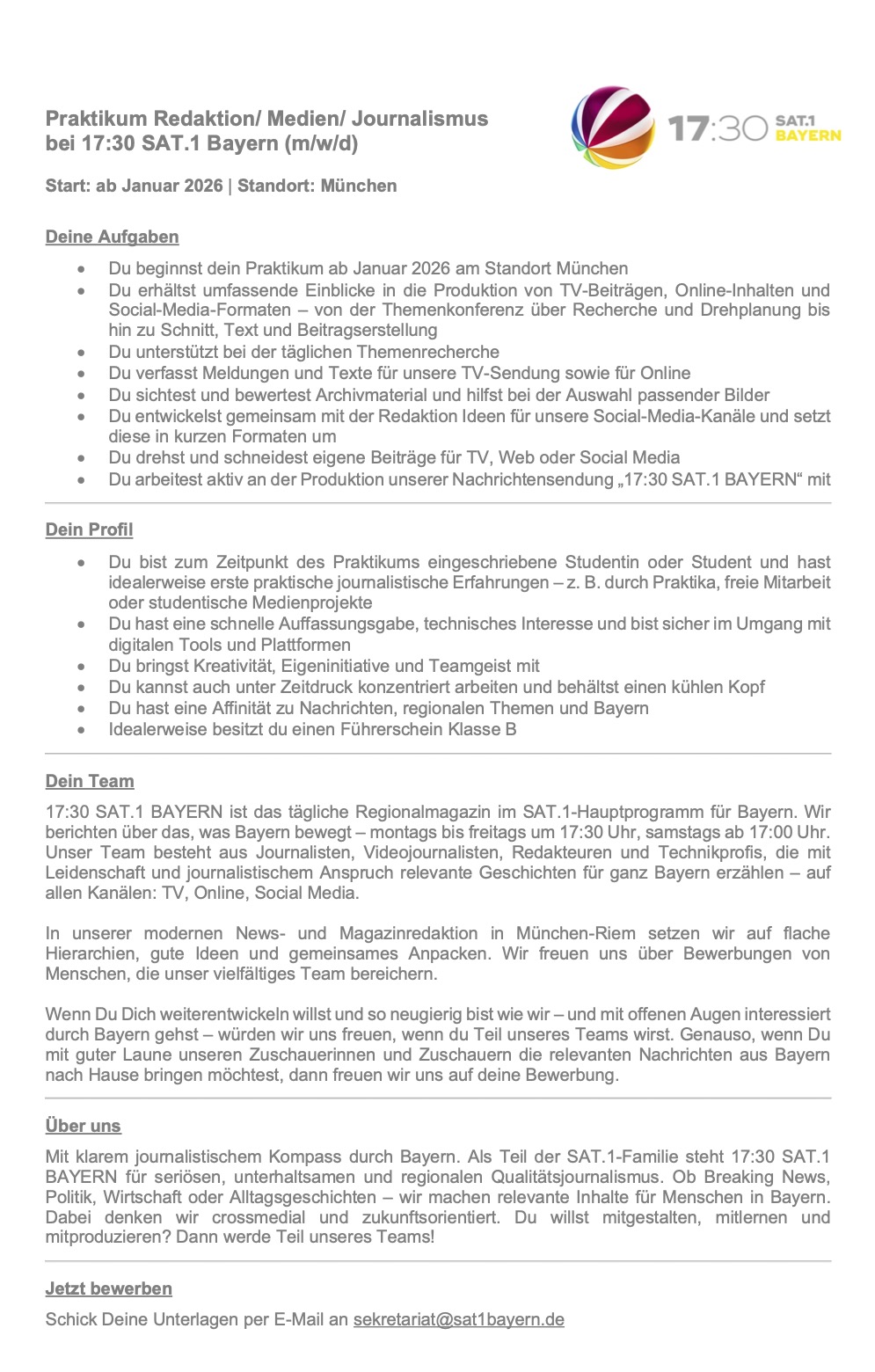 Praktikum Redaktion/ Medien/ Journalismus