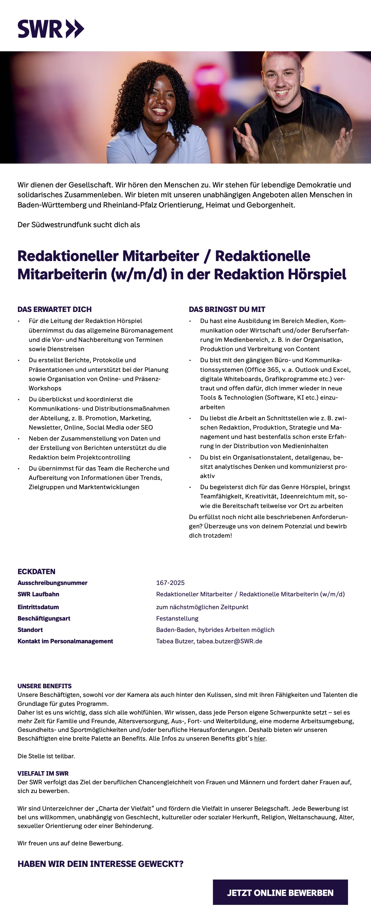 Redaktioneller Mitarbeiter / Redaktionelle Mitarbeiterin (w/m/d) in der Redaktion Hörspiel
