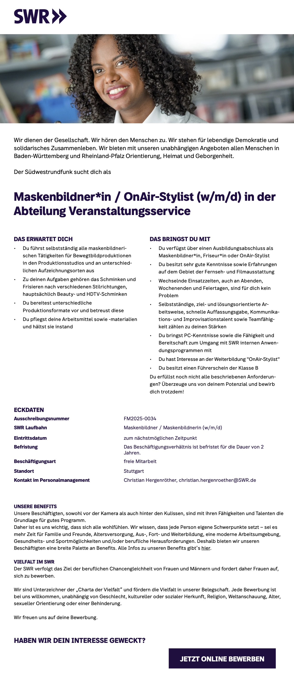 Maskenbildner*in / OnAir-Stylist (w/m/d) in der Abt. Veranstaltungsservice