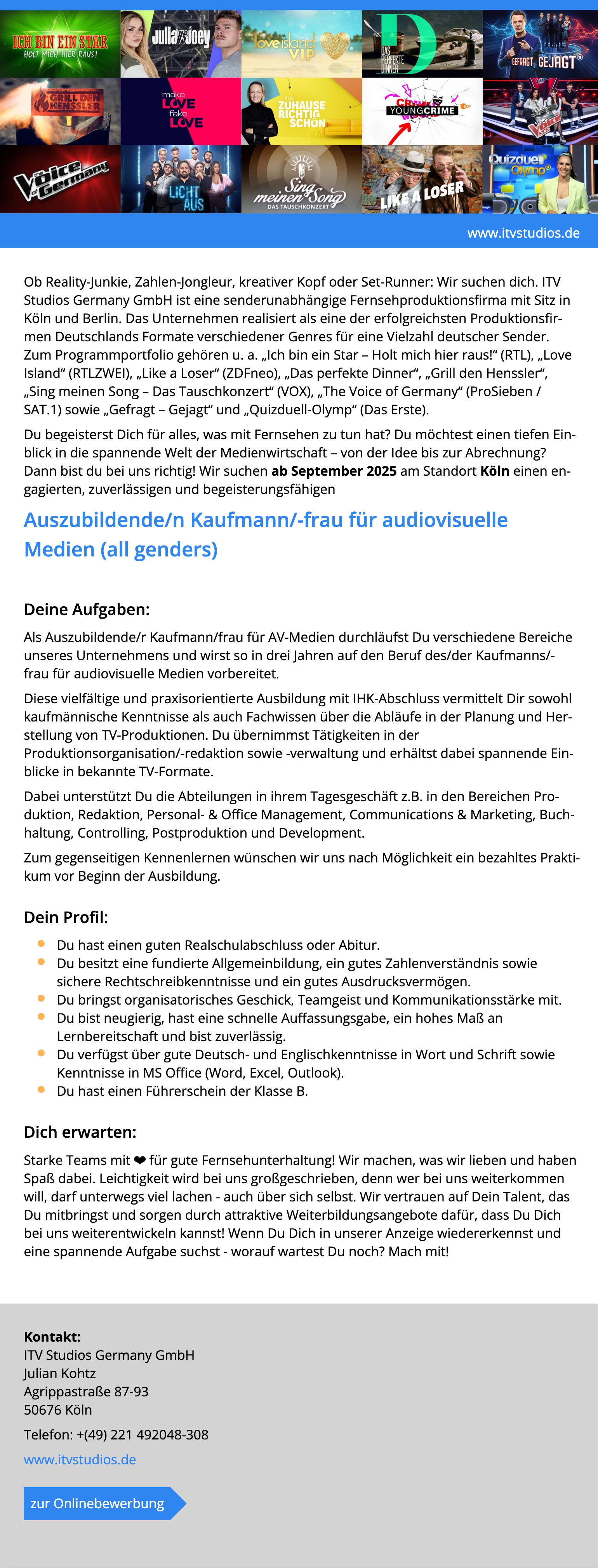 Auszubildende/r Kaufmann/-frau für audiovisuelle Medien (all genders) 