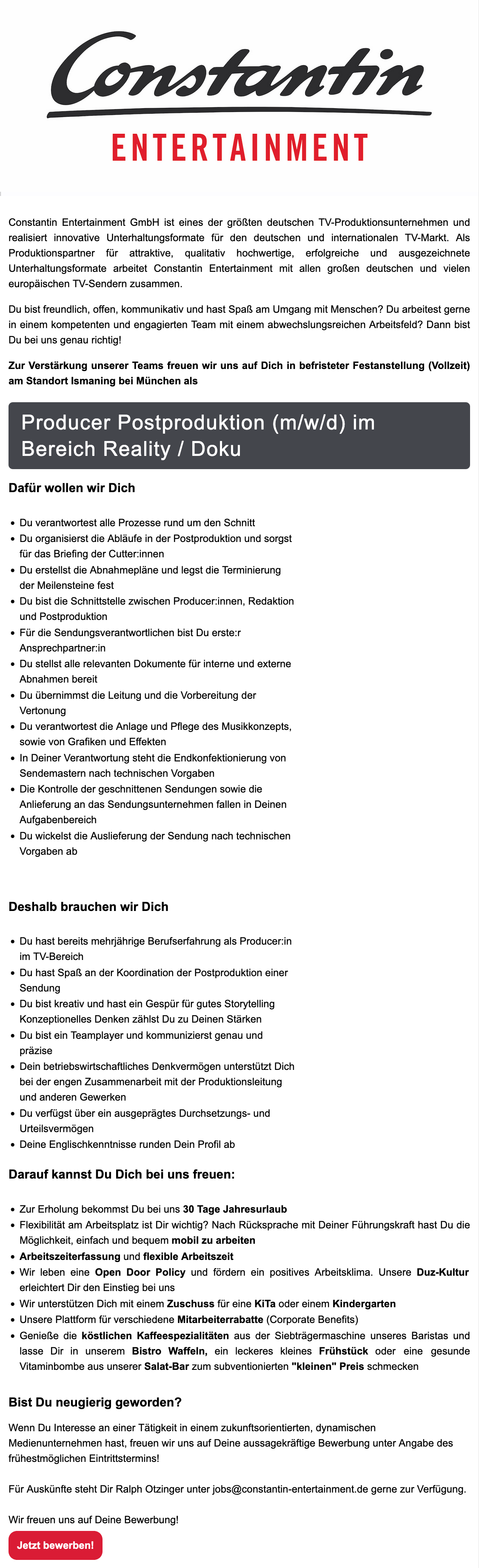 Producer Postproduktion (m/w/d) im Bereich Reality / Doku