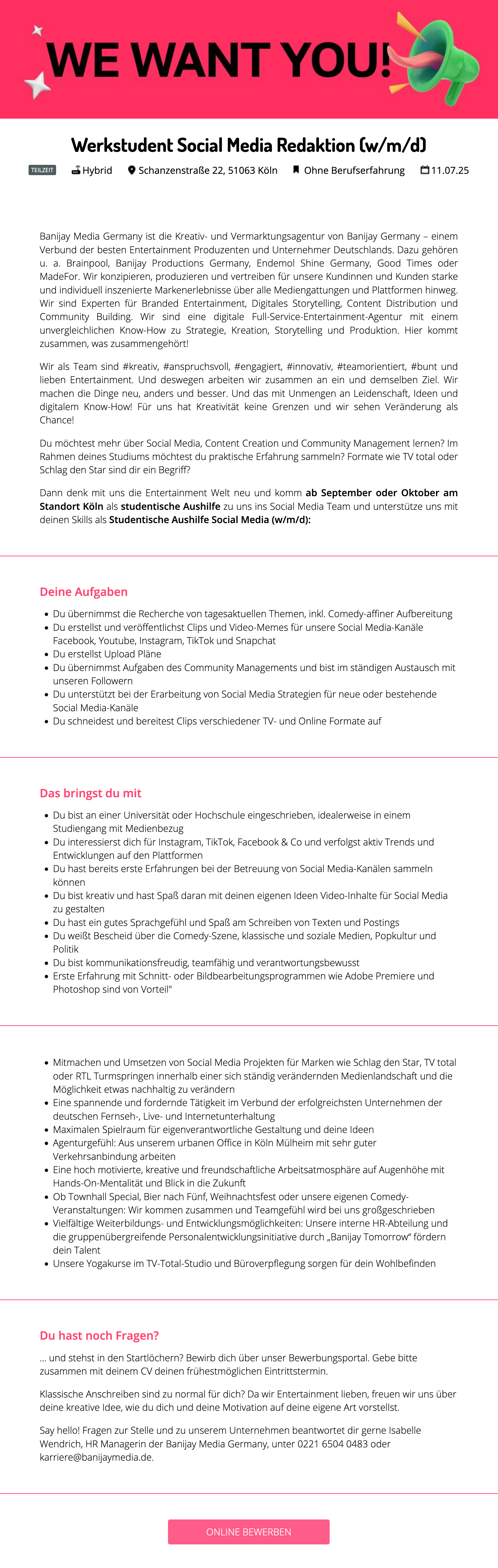 Werkstudent Social Media Redaktion (w/m/d)
