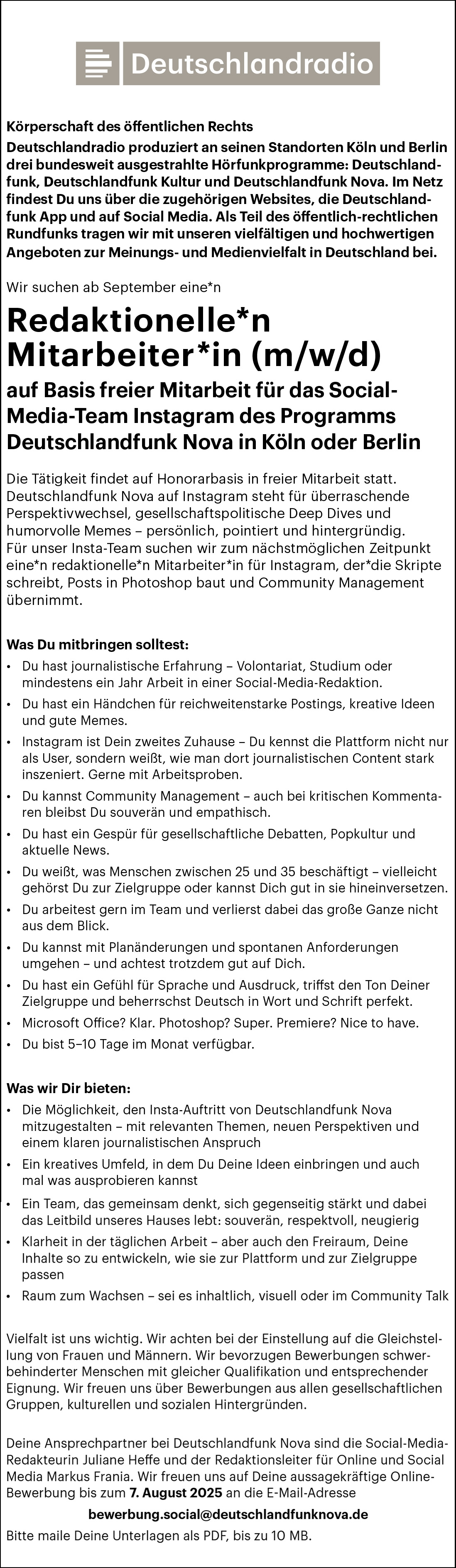 Redaktionelle*n Mitarbeiter*in (m/w/d) Social-Media-Team Instagram von Deutschlandfunk Nova