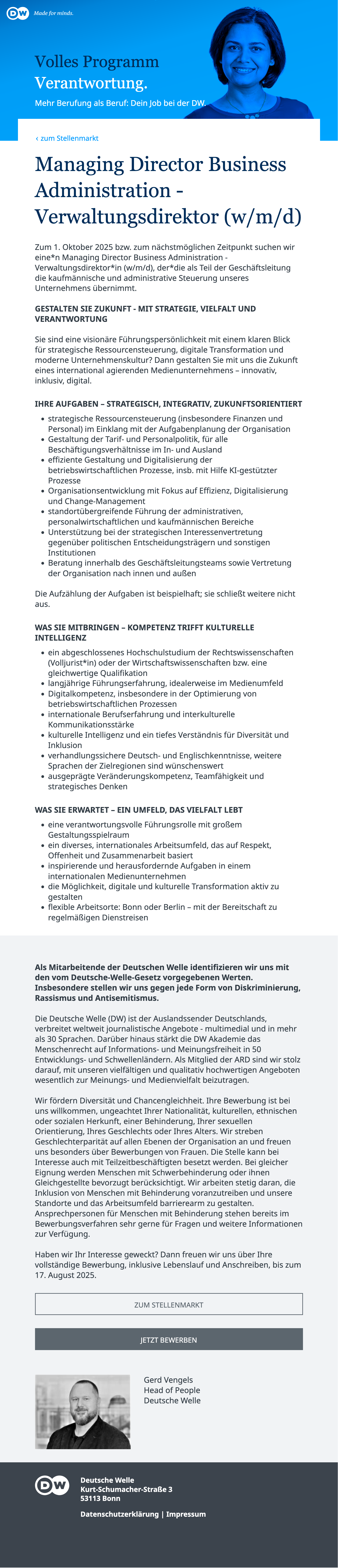 Managing Director Business Administration - Verwaltungsdirektor (w/m/d)