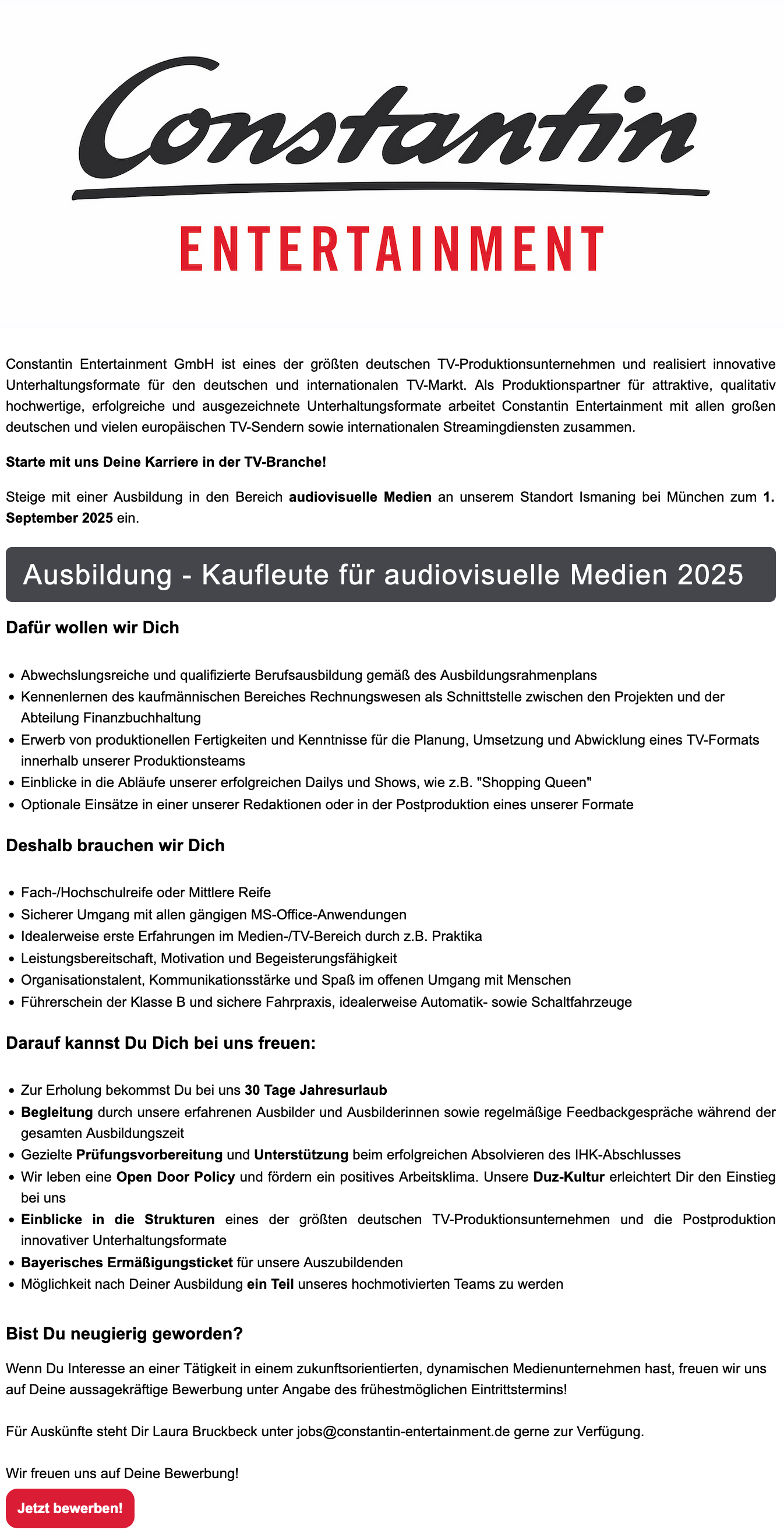 Ausbildung - Kaufleute für audiovisuelle Medien 2025