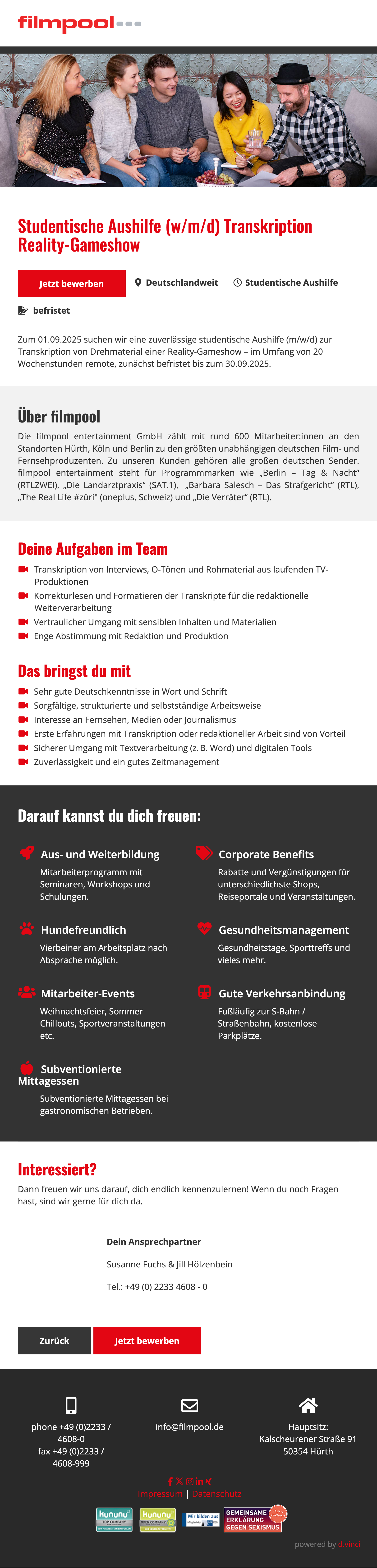 Studentische Aushilfe (w/m/d) Transkription Reality-Gameshow