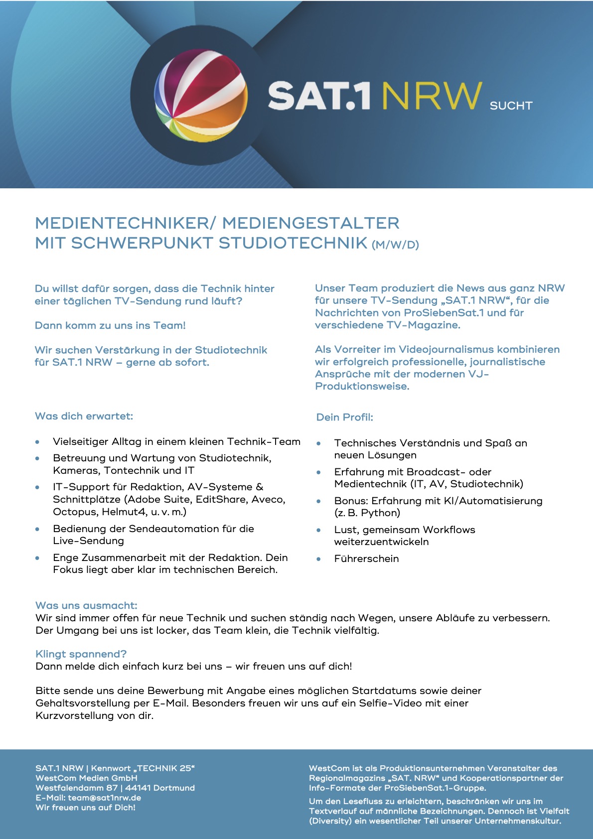 Medientechniker / Mediengestalter Schwerpunkt Studiotechnik (m/w/d)