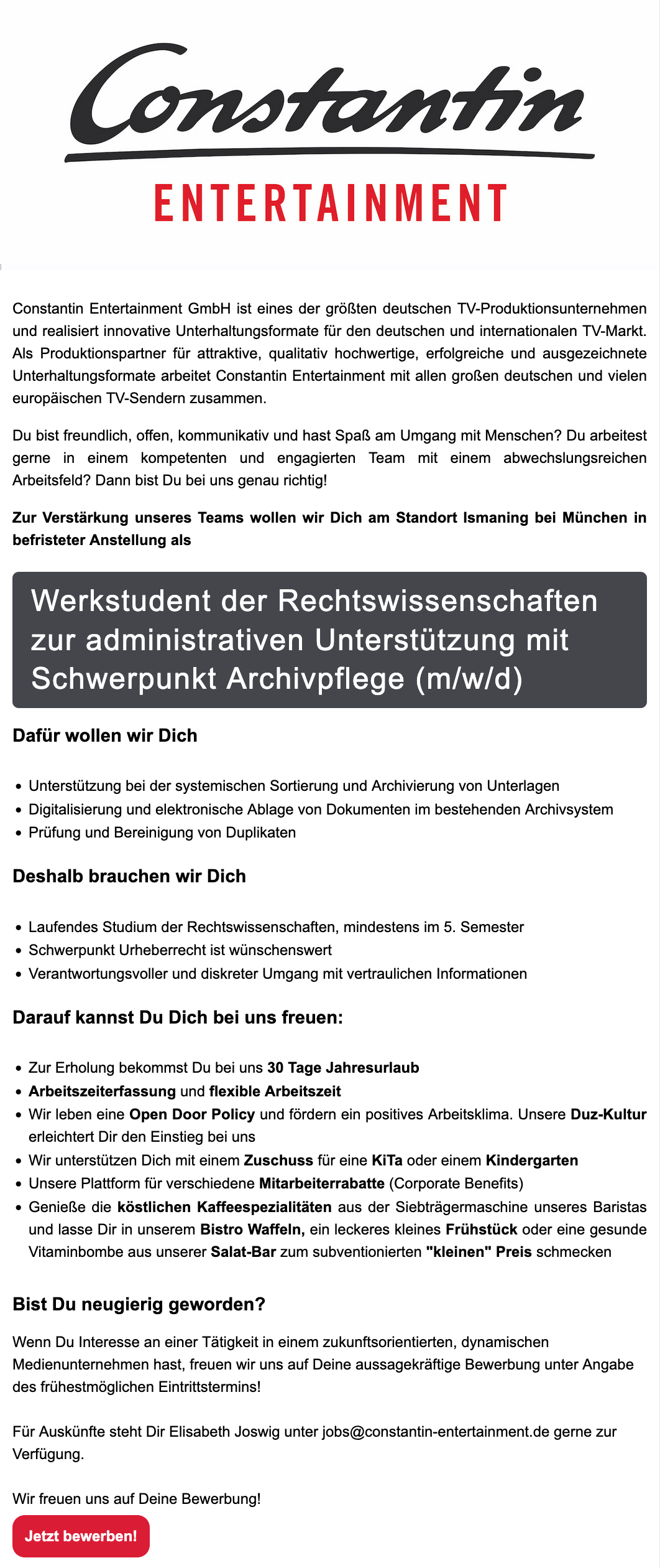 Werkstudent der Rechtswissenschaften zur administrativen Unterstützung, Archivpflege (m/w/d)