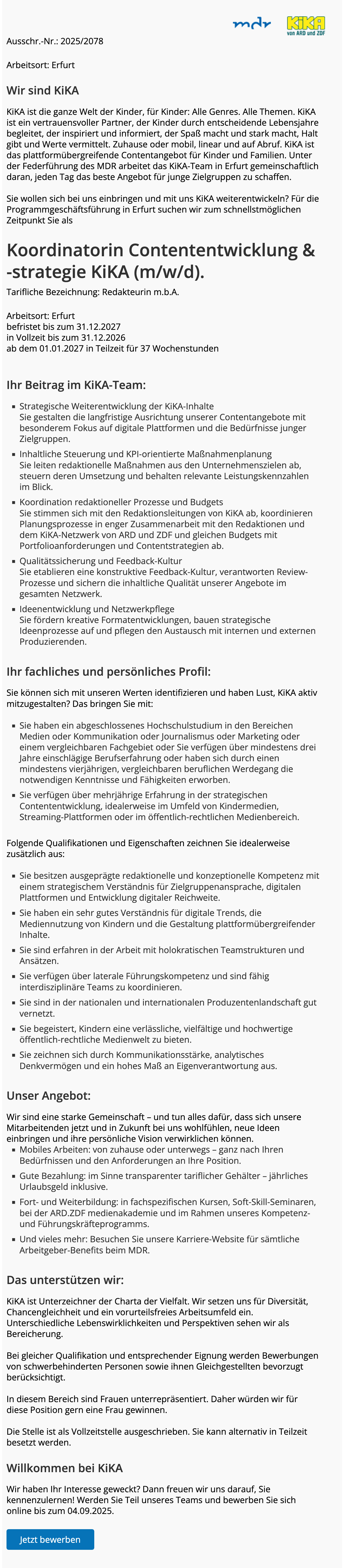 Koordinatorin Contententwicklung & -strategie KiKA (m/w/d)