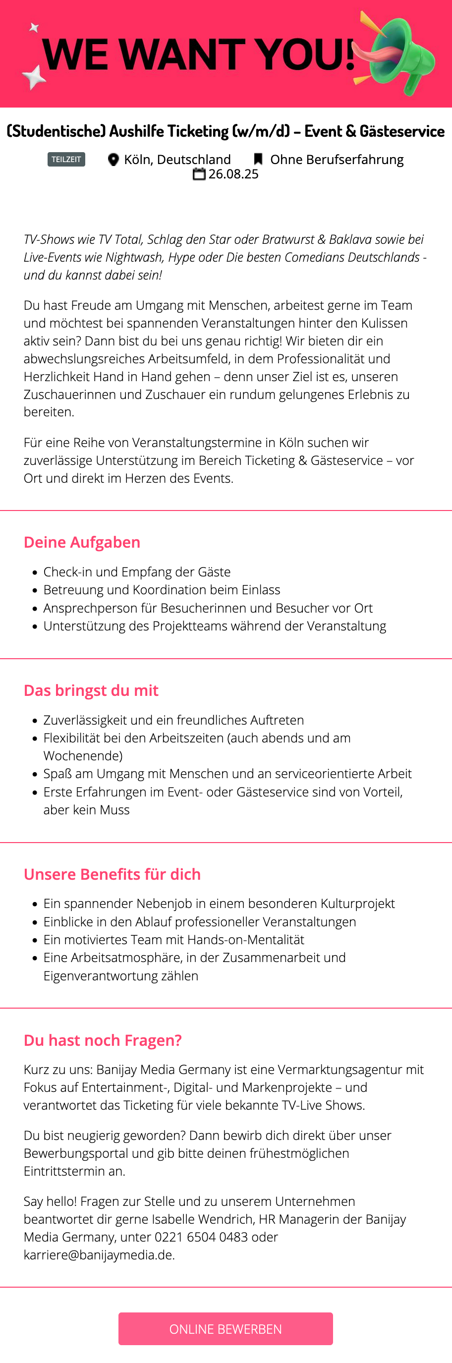 (Studentische) Aushilfe Ticketing (w/m/d) - Event & Gästeservice