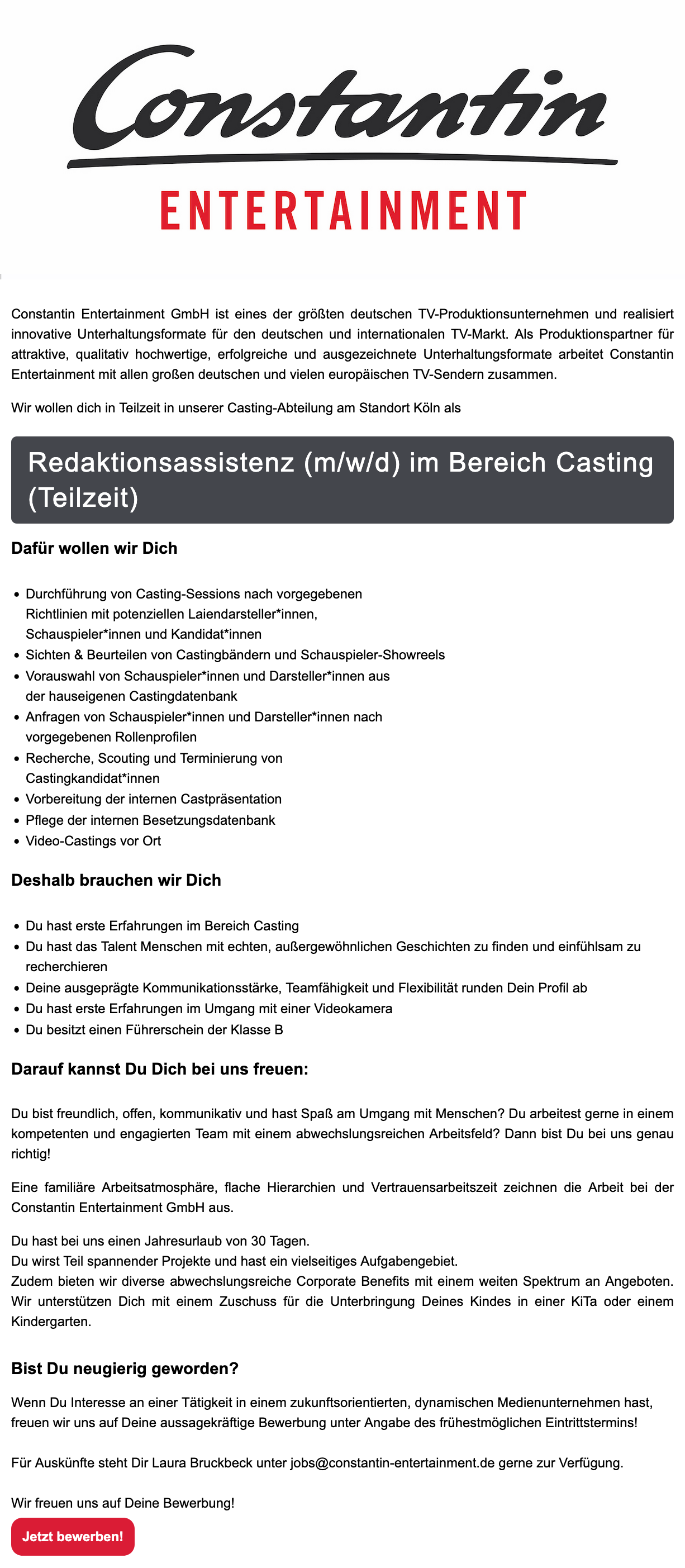 Redaktionsassistenz (m/w/d) im Bereich Casting (Teilzeit)