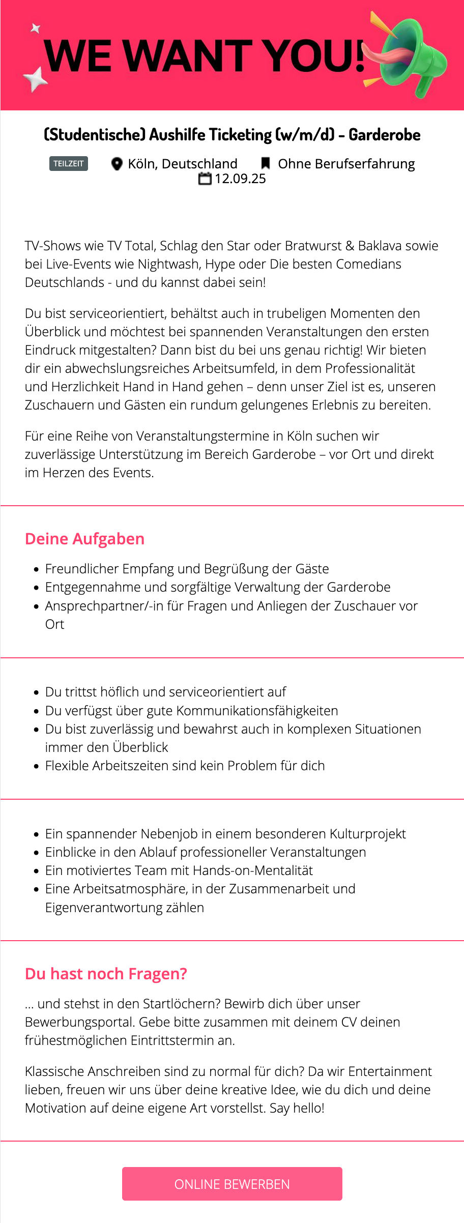 (Studentische) Aushilfe Ticketing (w/m/d) - Garderobe
