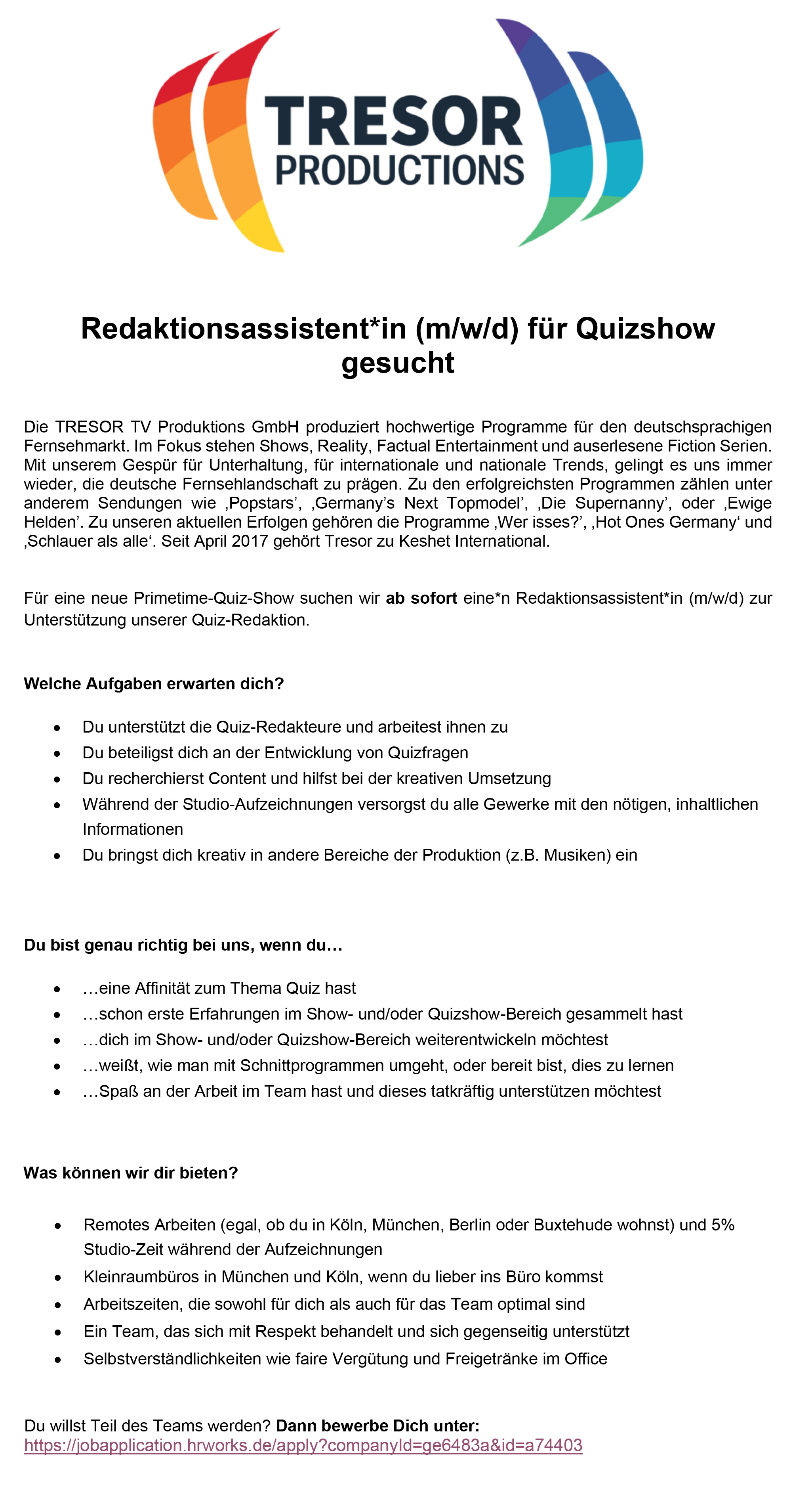 Redaktionsassistent*in (m/w/d) für Quizshow