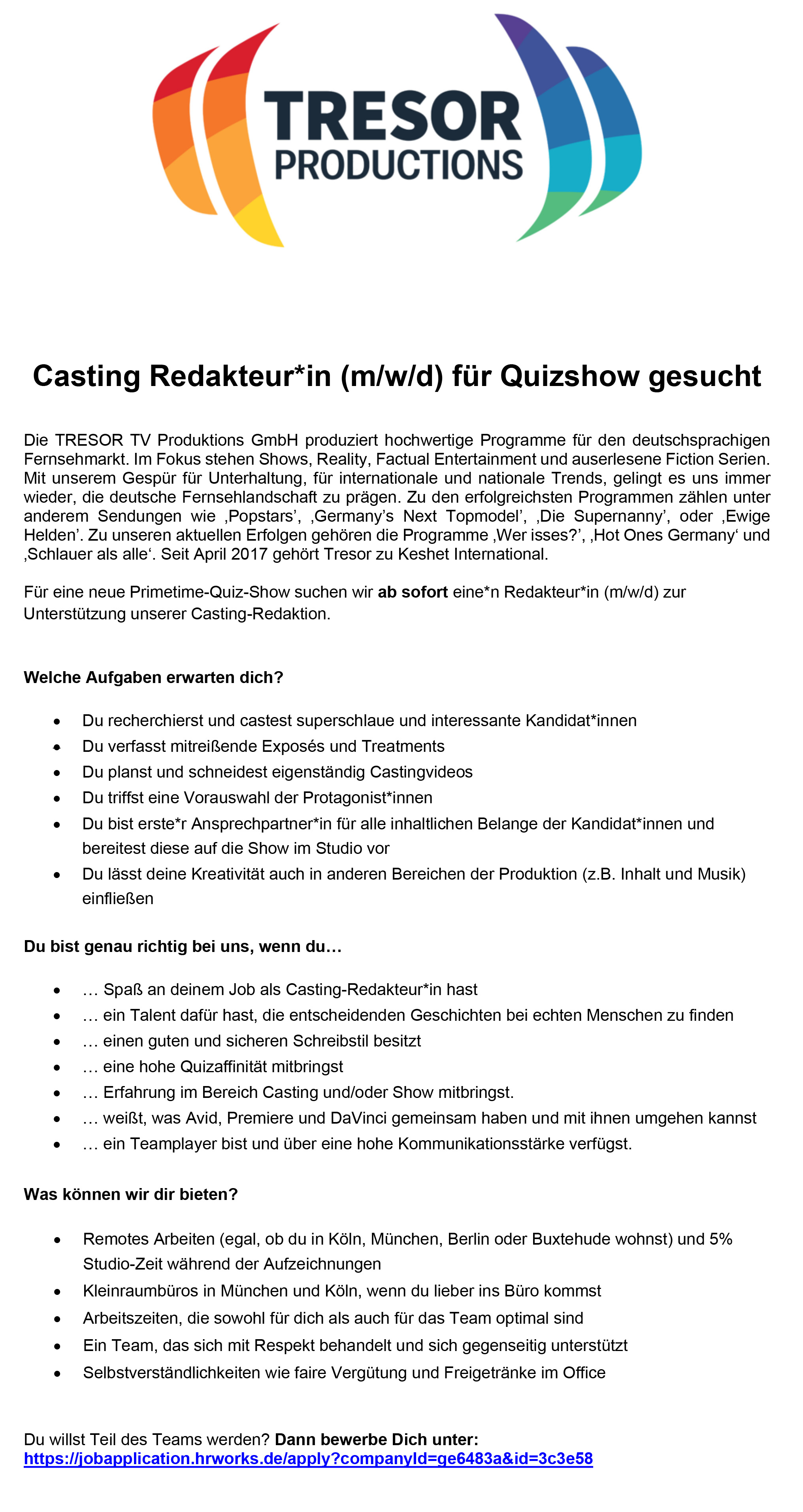 Casting Redakteur*in (m/w/d) für Quizshow