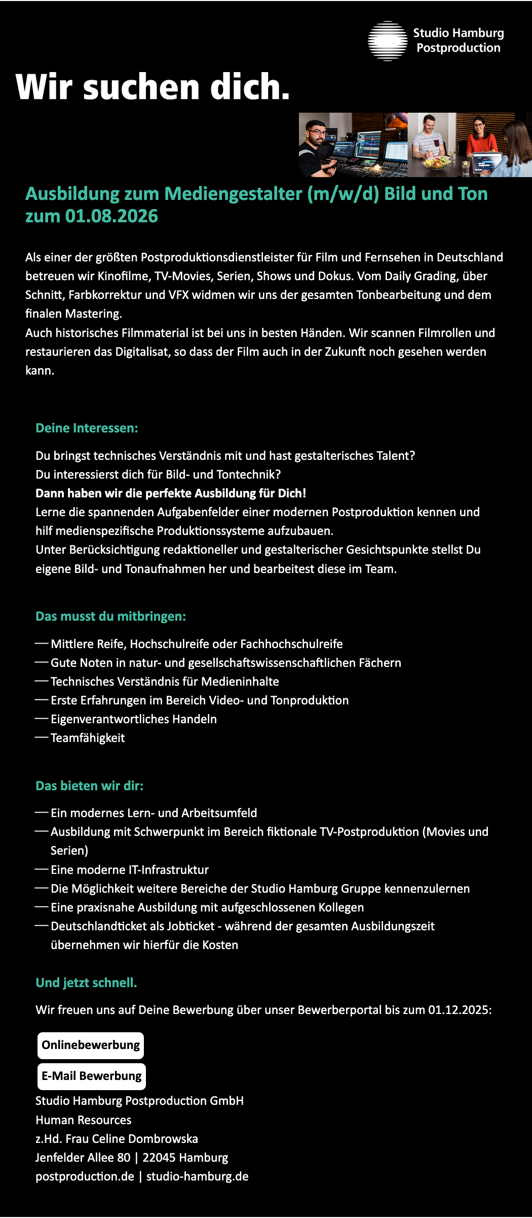 Ausbildung zum Mediengestalter (m/w/d) Bild und Ton