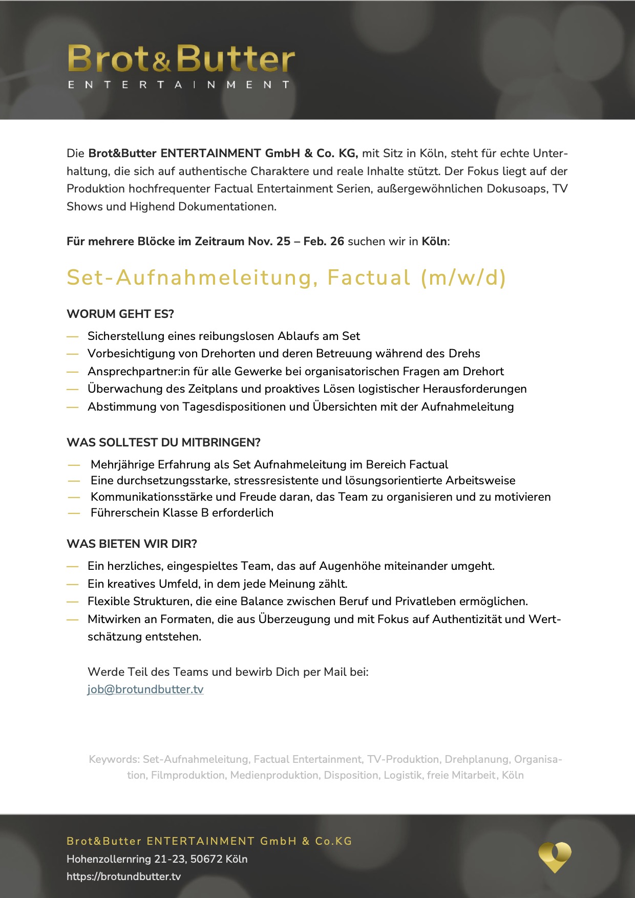 Set-Aufnahmeleitung, Factual (m/w/d)