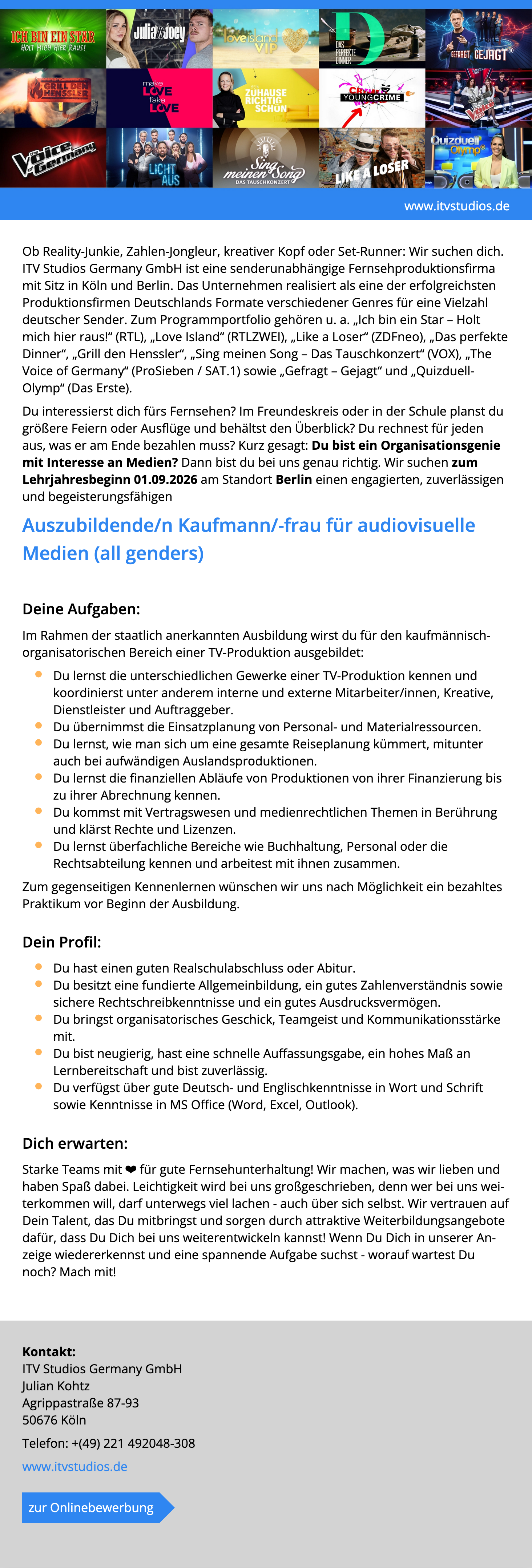 Auszubildende/n Kaufmann/-frau für audiovisuelle Medien (all genders) 