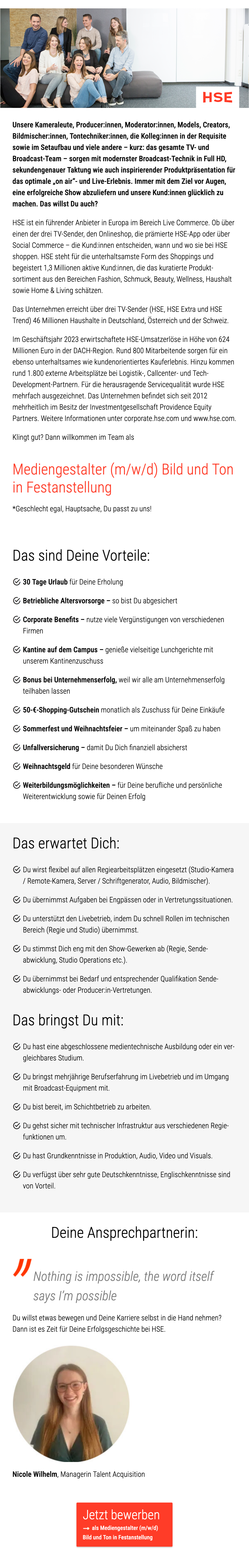 Mediengestalter (m/w/d) Bild und Ton in Festanstellung