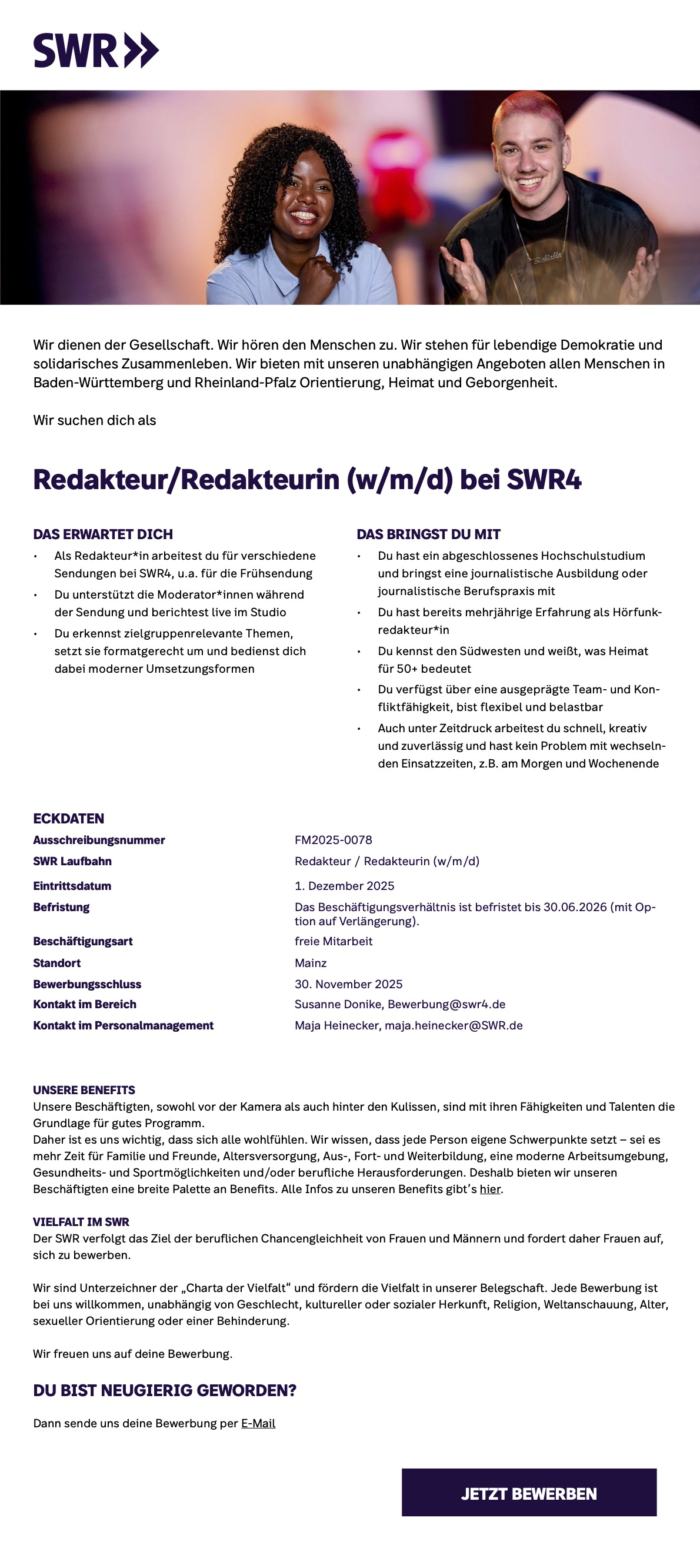 Redakteur/Redakteurin (w/m/d) bei SWR4