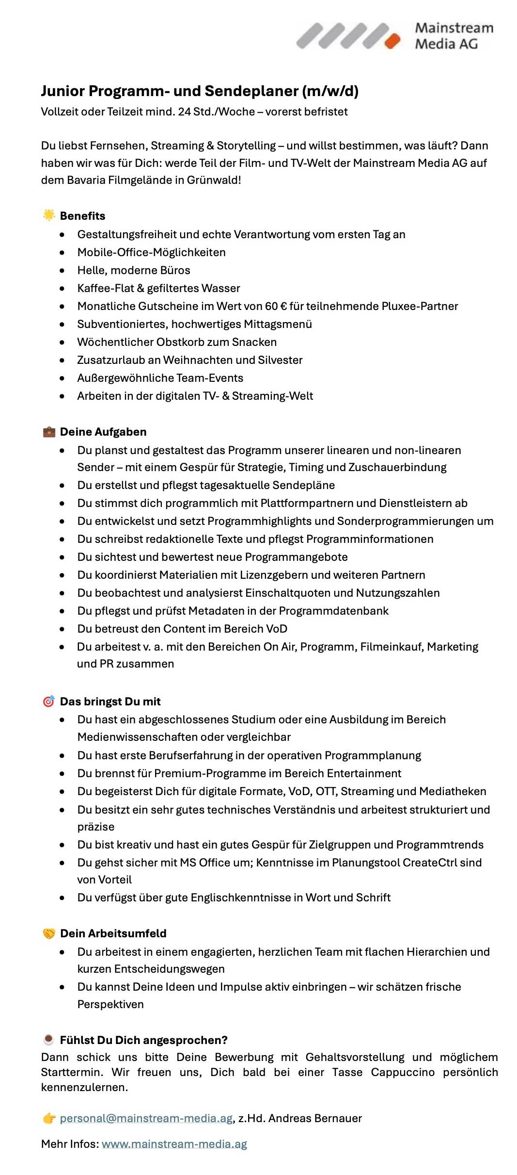 Junior Programm- und Sendeplaner (m/w/d)