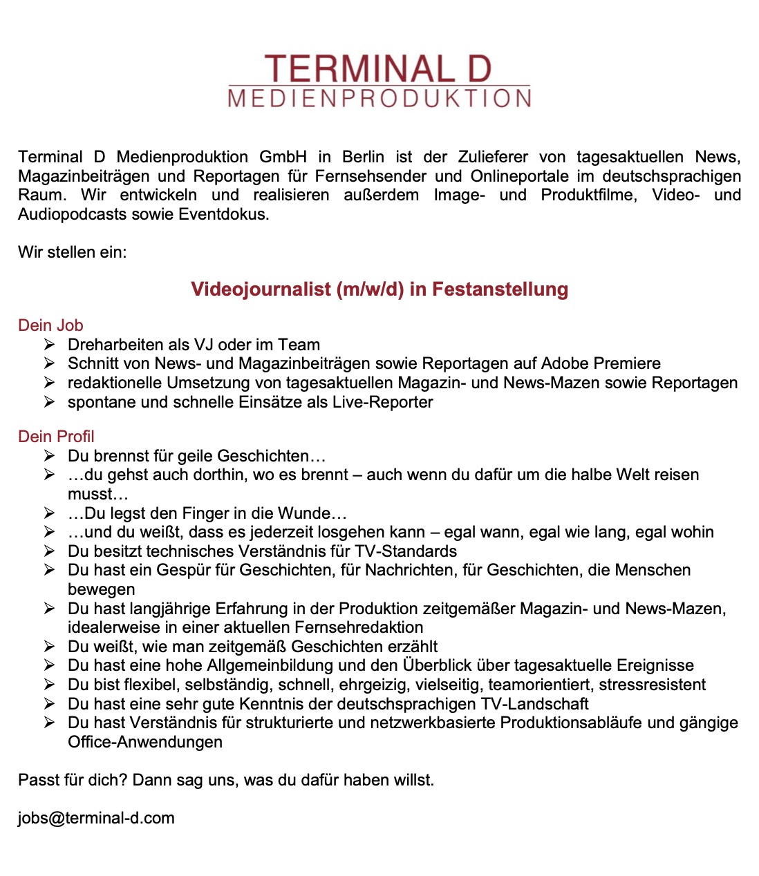 Videojournalist (m/w/d) in Festanstellung