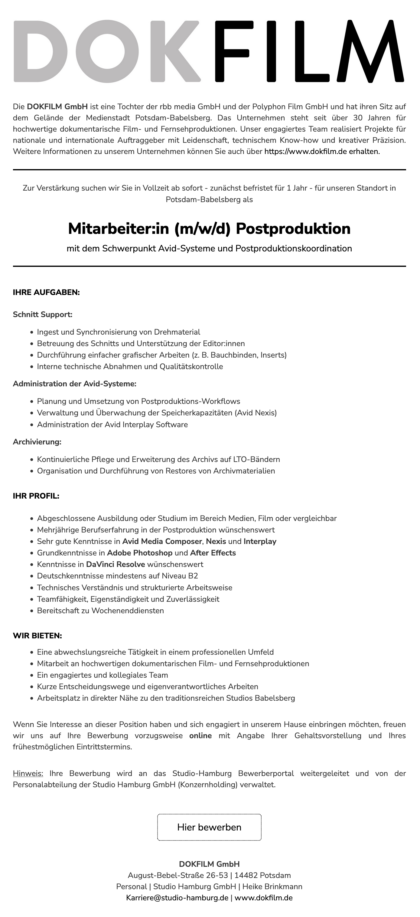 Mitarbeiter:in (m/w/d) Postproduktion