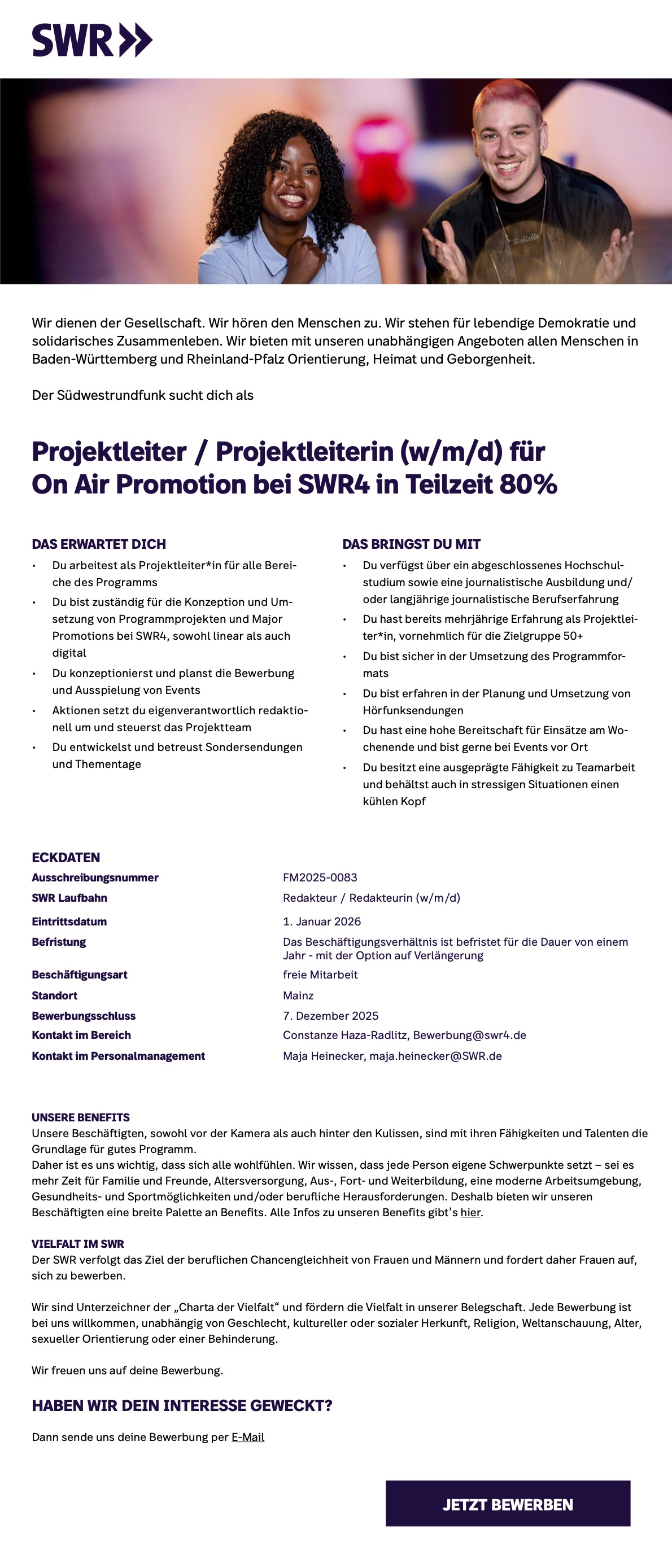 Projektleiter / Projektleiterin (w/m/d) für On Air Promotion bei SWR4 (Teilzeit)