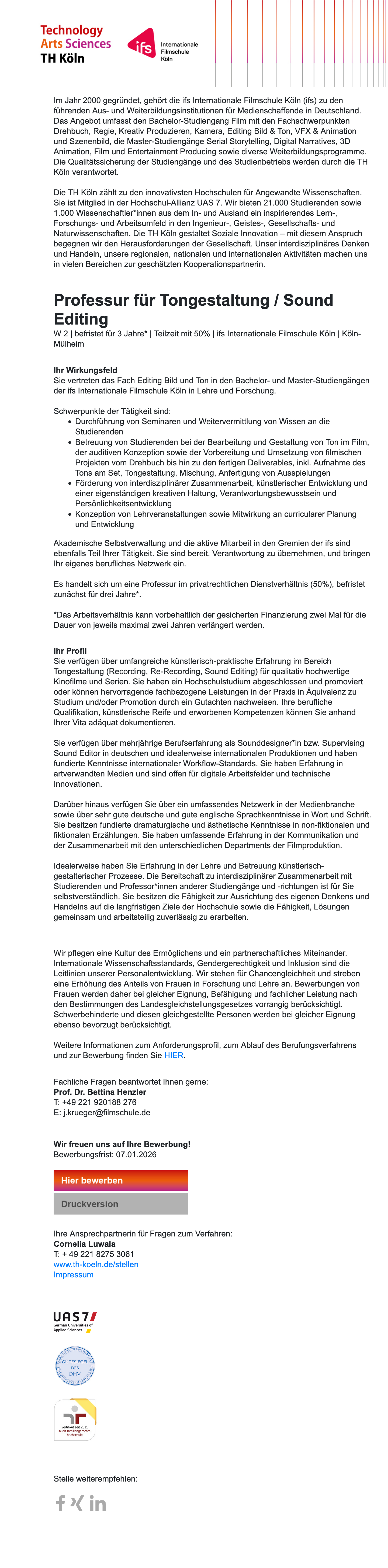 Professur für Tongestaltung / Sound Editing